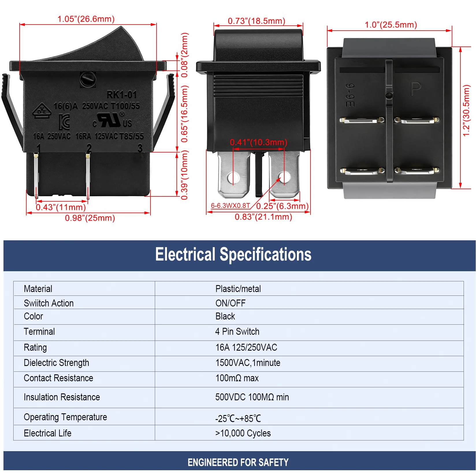 Heschen - Włącznik/wyłącznik, DPST 4 zaciski 16A 250VAC, czarny, zestaw 2 szt