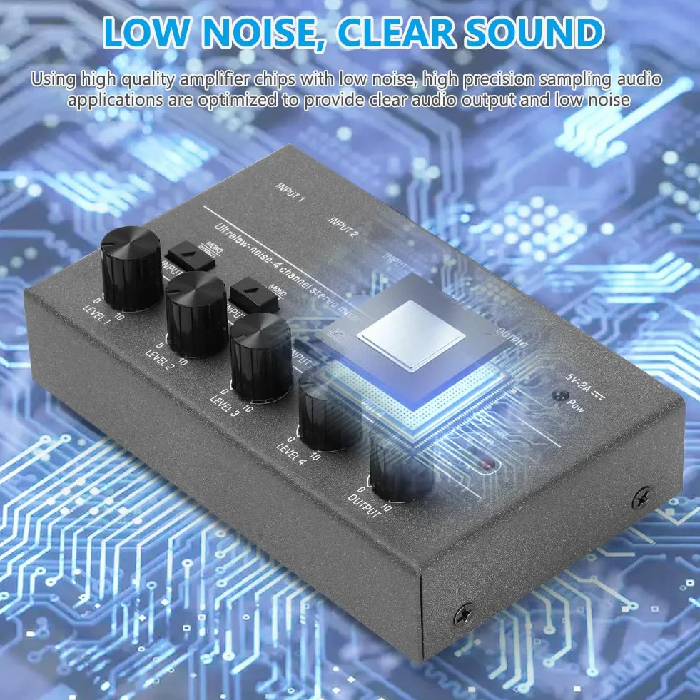 OFFCUP 4-kanałowy mikser audio, Mini 5V ultra kompaktowy mikser liniowy o niskiej emisji hałasu, metalowe miksery dźwiękowe do karaoke z oddzielną regulacją głośności dla gitary, basu, klawiatur