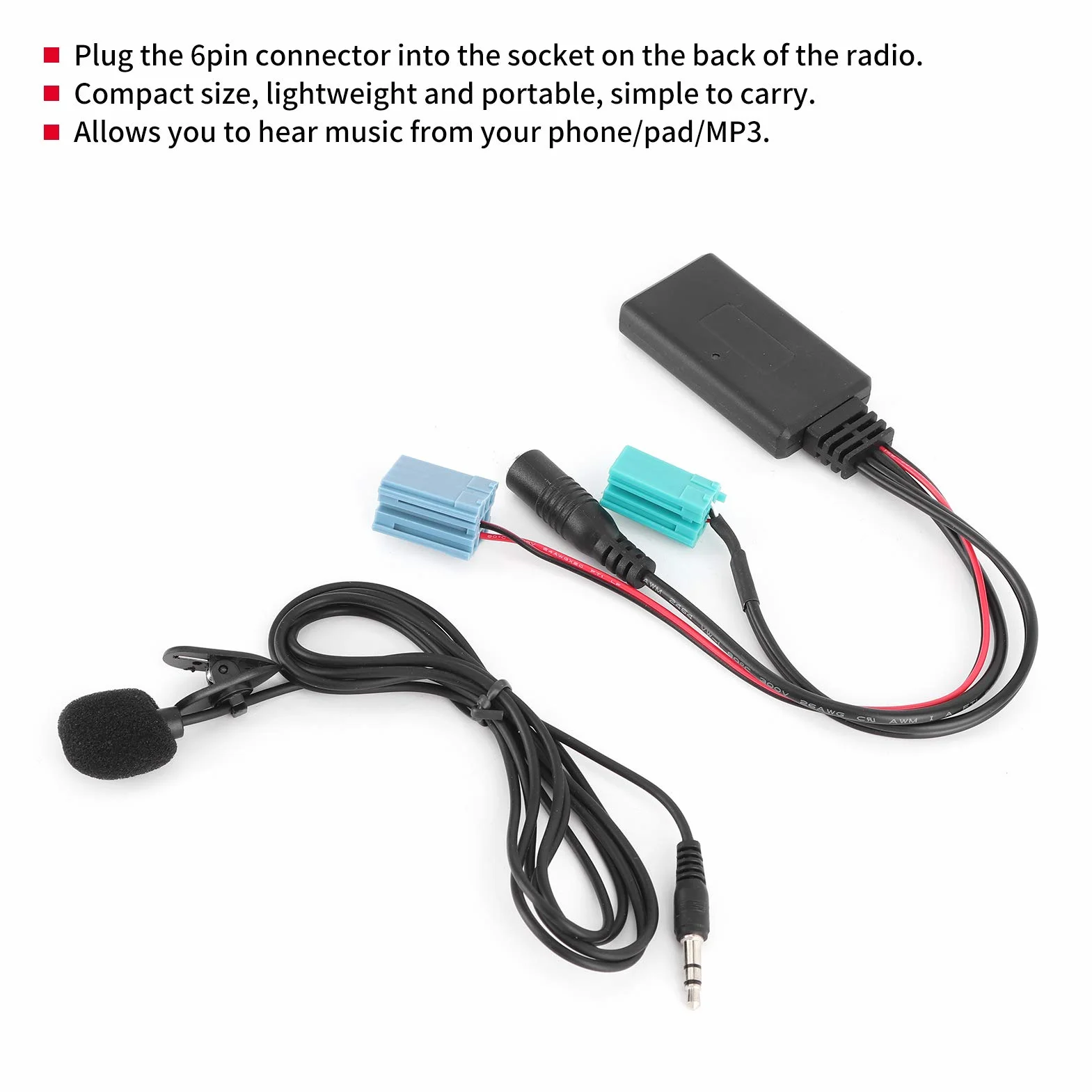 6Pin Kabel Audio Bluetooth Samochodowe Stereo AUX-IN Adapter Kabel Audio Bluetooth DC12V z Mikrofonem do Espace