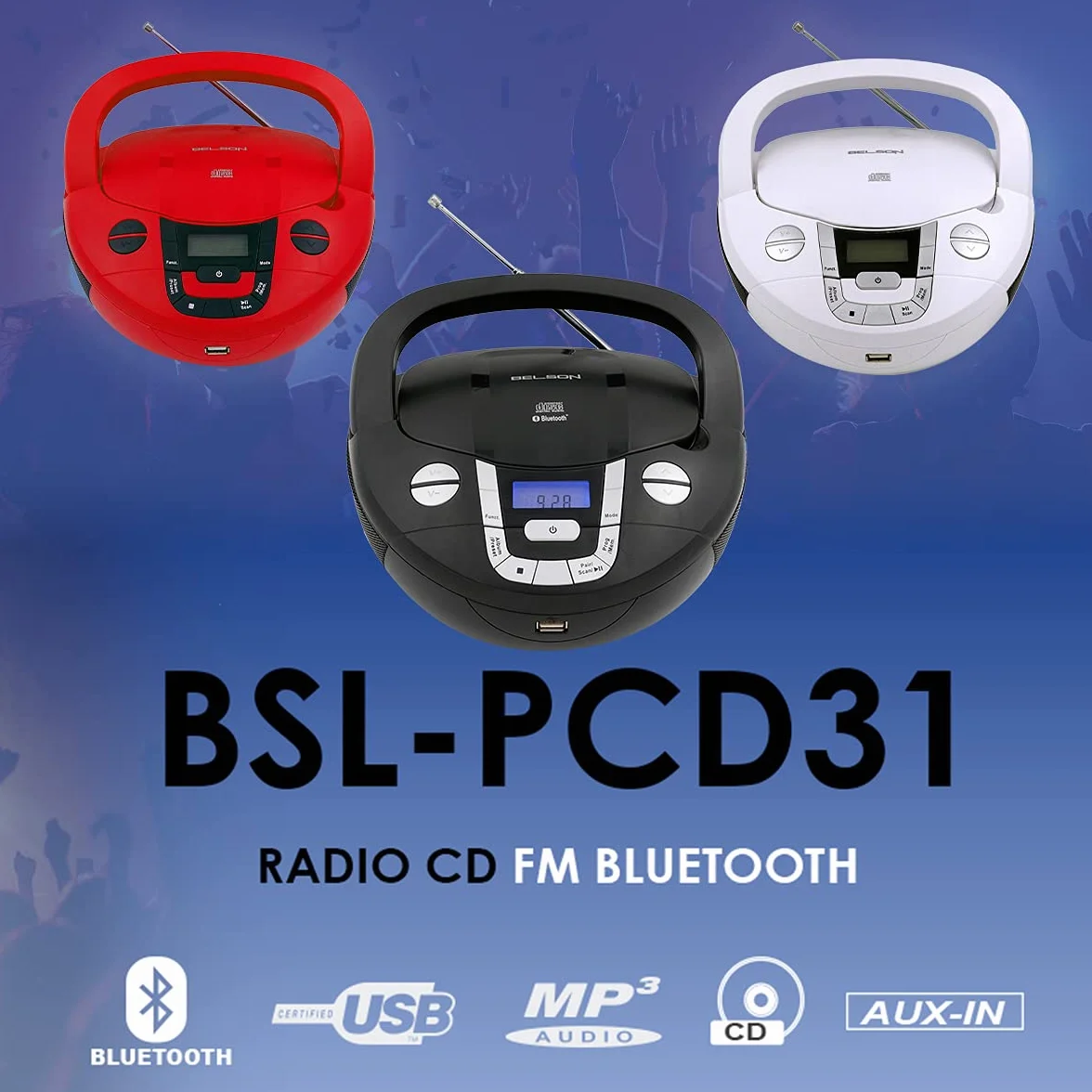 Boombox Przenośne radio CD Bluetooth BSL PCD-31 czarne | z mocą 2 W RMS | Radio FM i port USB odtwarzacz MP3 | Wyświetlacz LCD | AUX IN | Wyjście słuchawkowe