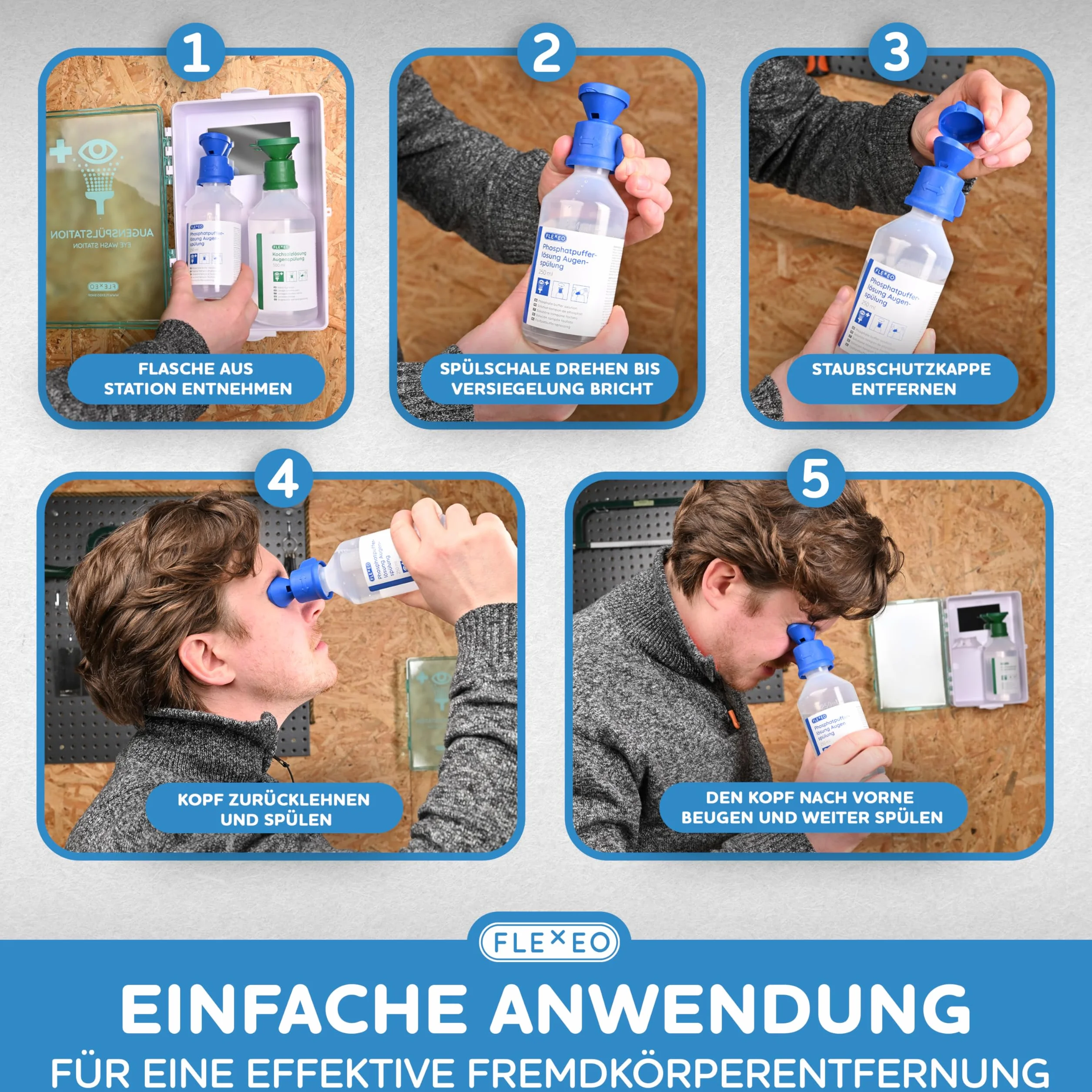 FLEXEO Stacja do płukania oczu w zestawie (1x 500 ml NaCl roztworu soli kuchennej + 1x 250 ml buforu fosforanowego) z uchwytem ściennym – płukanie oczu – prysznic oczu – sterylny NaCl roztwór do