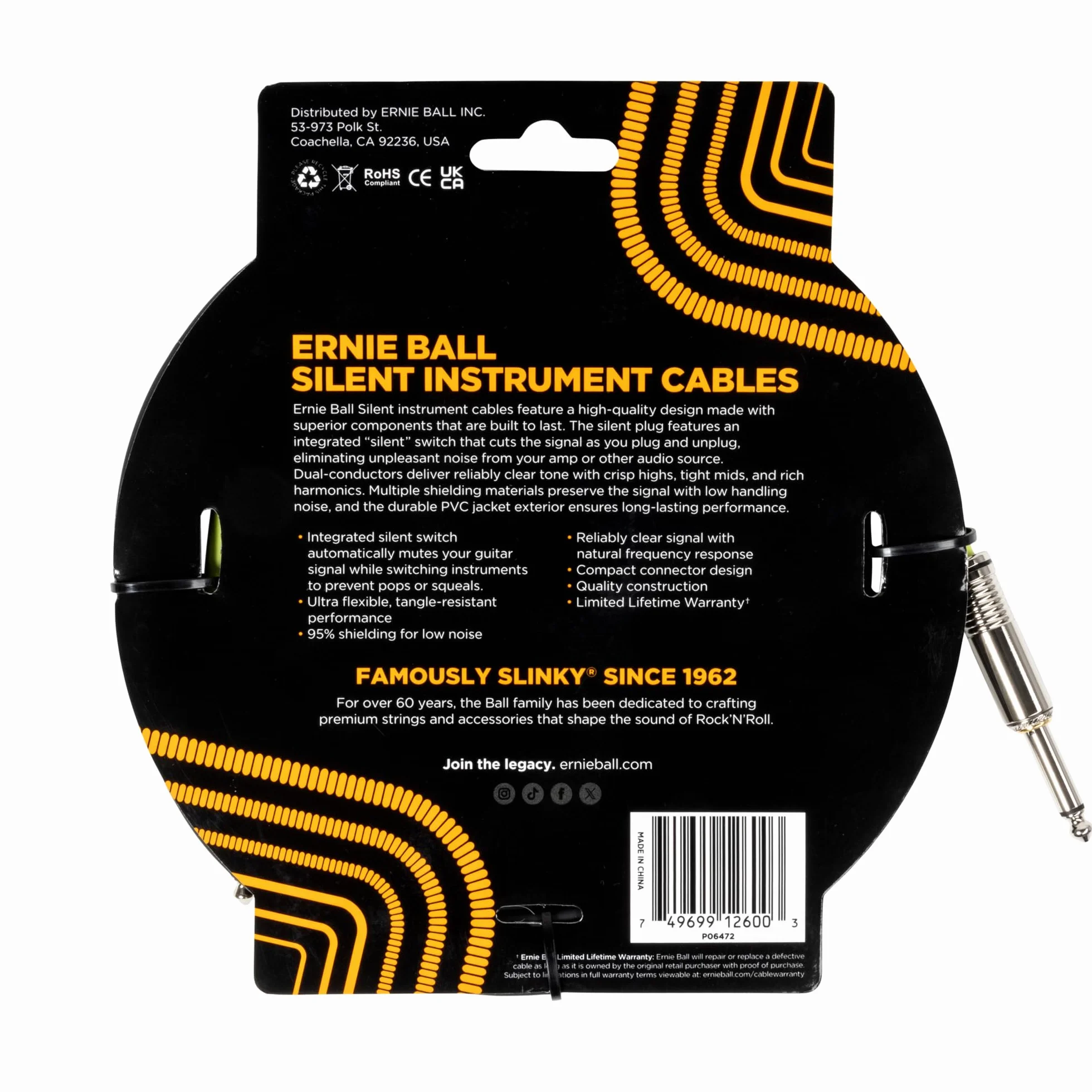 Ernie Ball Klasyczny cichy kabel instrumentalny, prosty/prosty, 3 m, czarny