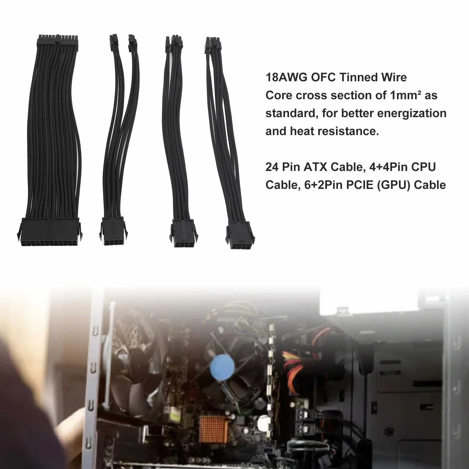 Asixxsix Zestaw Przedłużacza Kabla PSU z Grzebieniem Kablowym, Przedłużacze Kabla PSU 18AWG, 24-pinowe Złącze ATX 4+4Pin CPU w Nylonowej Osłonie 30cm, 6+2Pin PCIE GPU Przedłużacz Zasilania (BLACK)