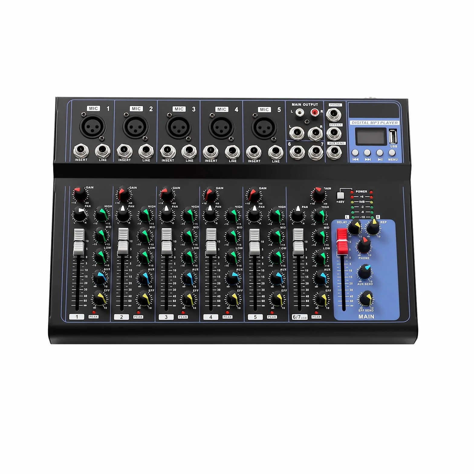 MINRS Mikser audio Bluetooth, 7-kanałowy, mikser DJ Live Studio z konsolą USB, 6 trybów muzyki, do studia produkcji muzyki, barów i scen, dla początkujących i profesjonalistów