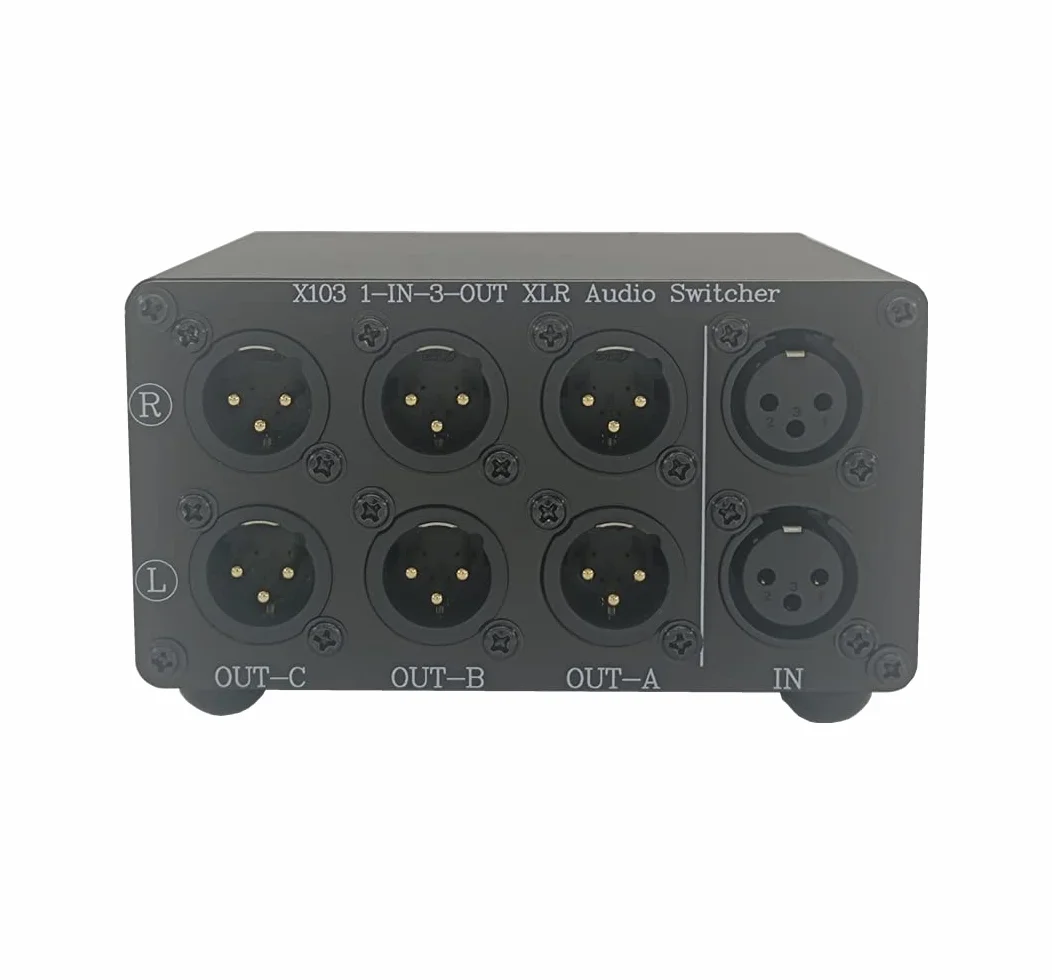 Symetryczne przełączniki audio XLR, 3-kanałowy konwerter XLR stereo, pasywne źródło sygnału, przełącznik wyboru wejścia audio, przełącznik rozdzielacza 1 na 3 (X103)