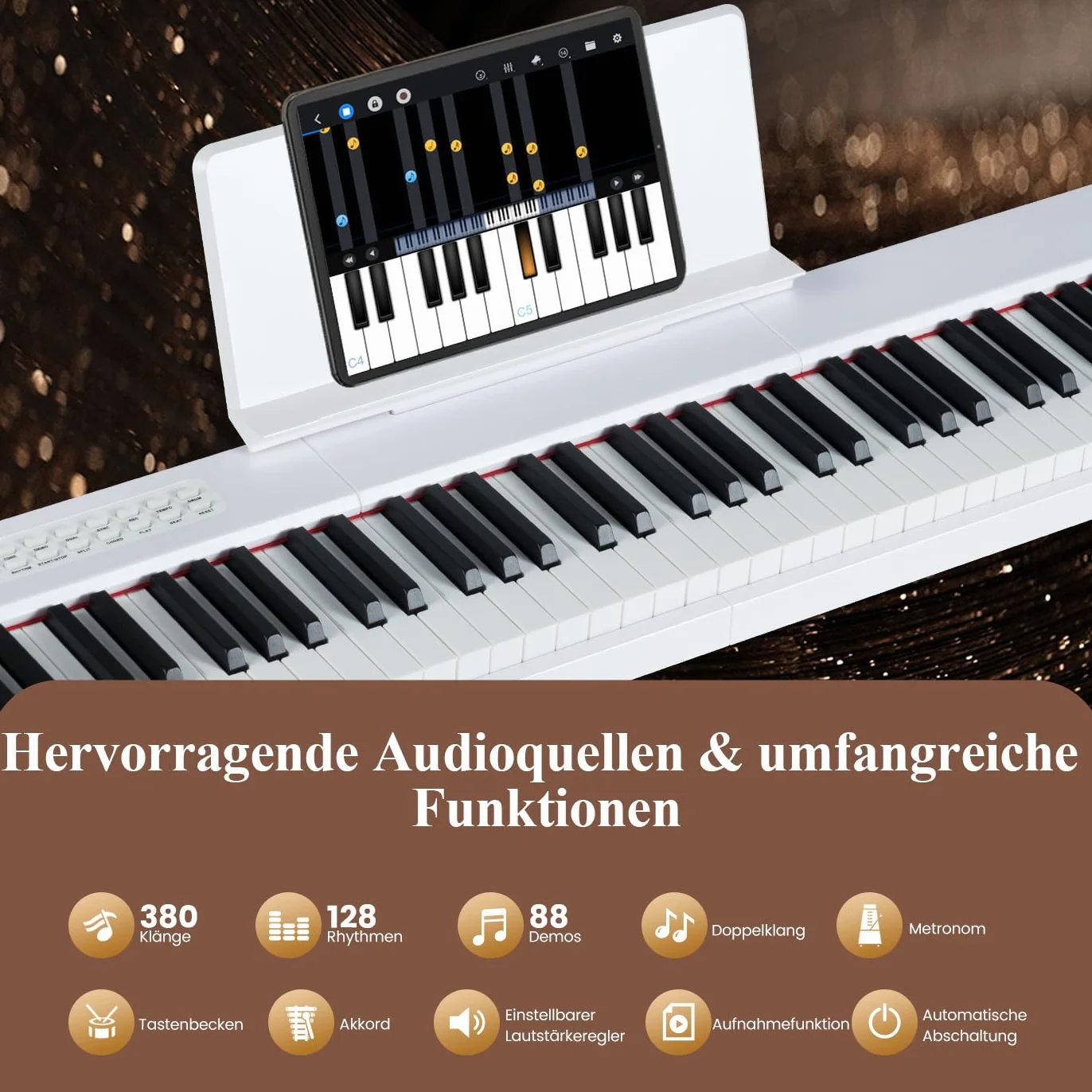 COSTWAY Keyboard Piano 88 klawiszy, pianino cyfrowe z MIDI, Sustain, stojak na muzykę i torba, przenośne pianino elektryczne dla początkujących, dzieci, dorosłych (biała)
