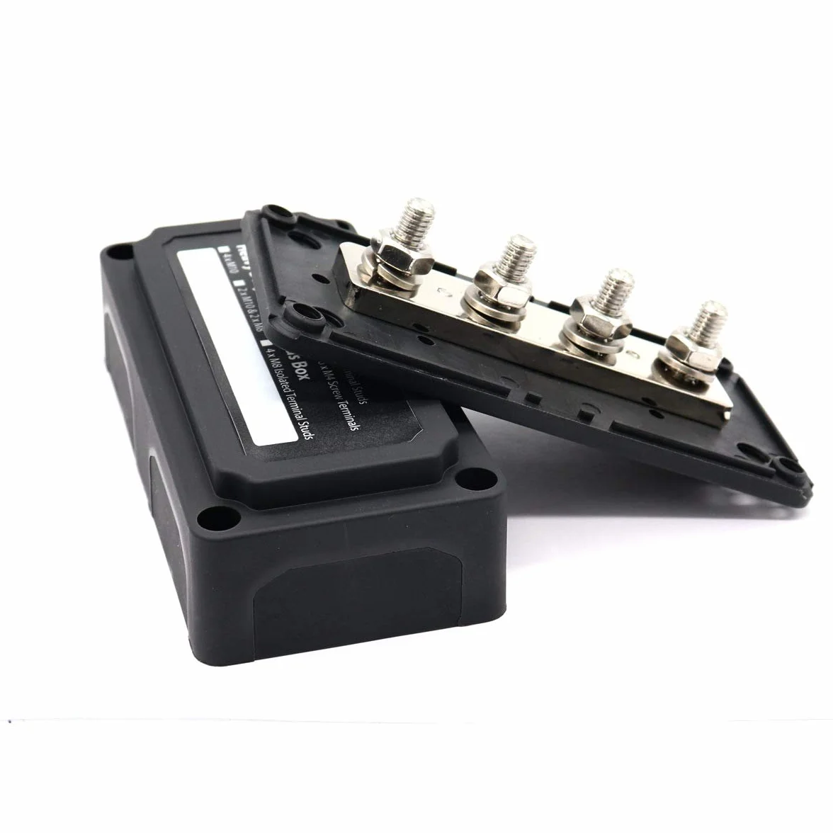 Black 300 A Bus Bar Box Heavy-Duty, moduł, blok rozdzielczy zasilania z 4 x zaciskiem śrubowym M8, blok przyłączeniowy akumulatora 12 V - 48 V DC, do samochodów morskich, solarnych
