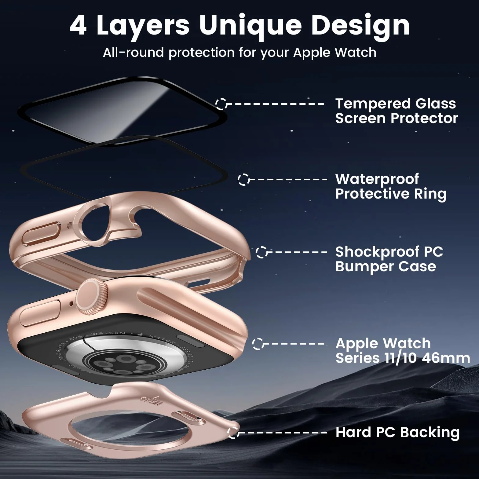 [2 w 1] Wodoodporne etui do Apple Watch Series 10 46 mm osłona ekranu, 360 ochronna osłona PC ze szkła hartowanego, przedni i tylny zderzak do iWatch 6/SE/5/4 Pyłoszczelna ochrona przed
