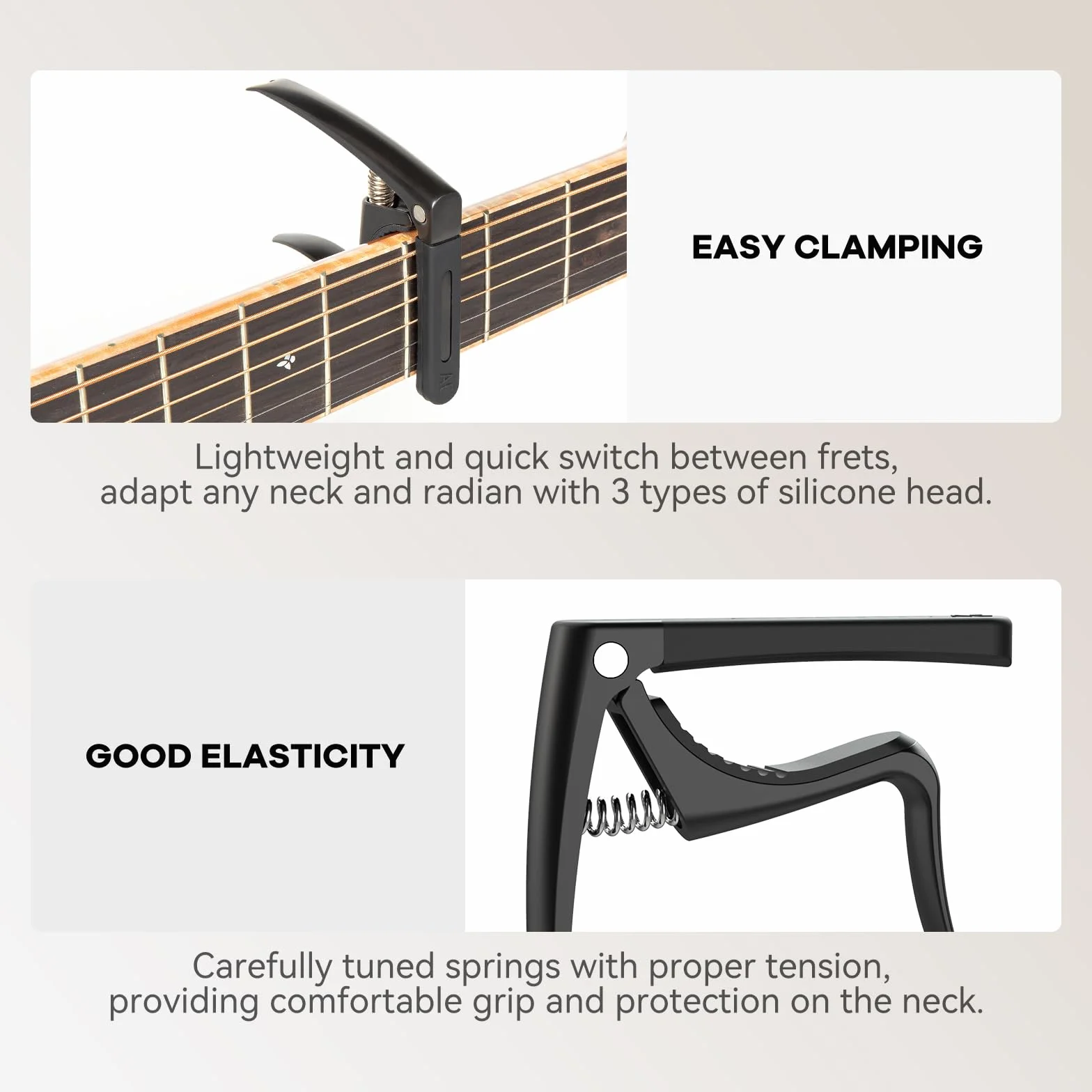 C3 Guitar Capo, 4 w 1 Gitara Kapodaster z Ściągacz do Mostka, Capo do Gitary Akustycznej Elektrycznej Klasyczna Basowej Ukulele Banjo, 3 Głowice Silikonowe, Akcesoria Gitarowe, Czarny