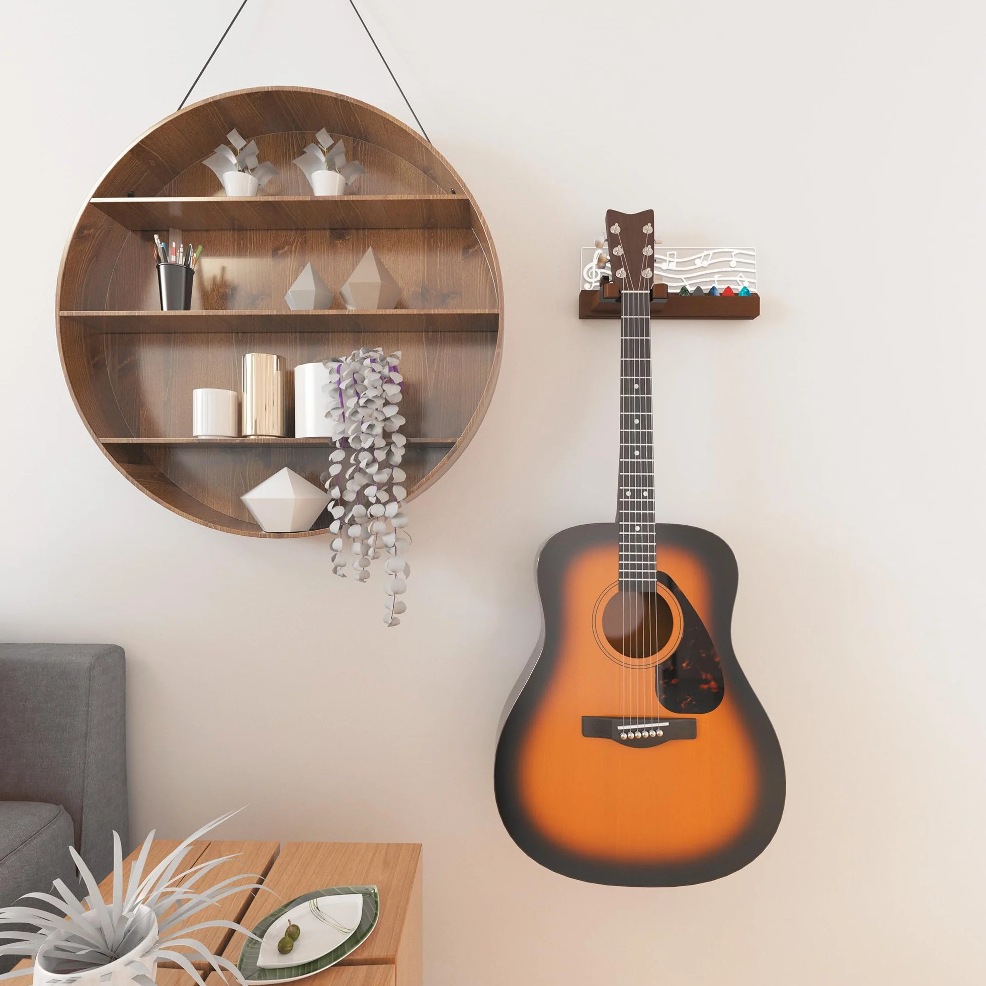 YuanDian Podświetlany uchwyt ścienny do gitary z uchwytem na kostkę, drewniany wieszak na gitarę, zasilany przez USB, do akustyki, elektrycznego, basu, ukulele, wyświetlania mandoliny i