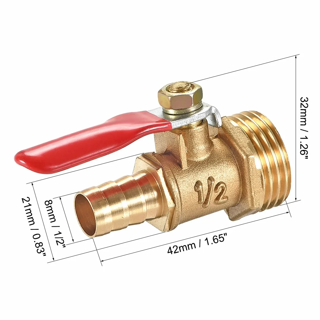 sourcing map Mosiężny zawór kulowy wyłącznik 1/2" NPT gwint zewnętrzny do króćca węża 5/16"