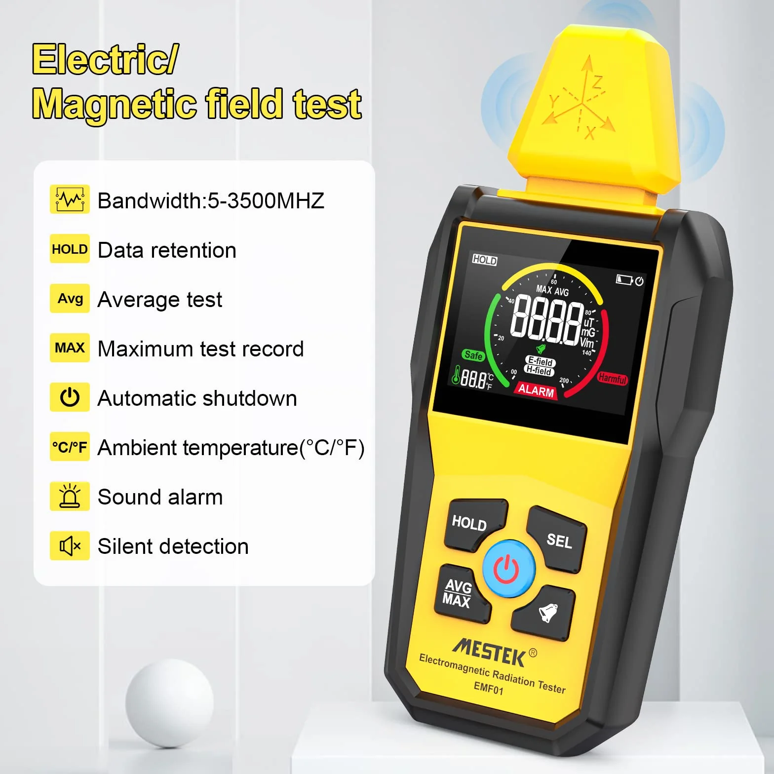 Miernik EMF, MESTEK Elektromagnetyczny Detektor Promieniowania, Cyfrowy Detektor pola LCD Tester EMF z Pomiarem Temperatury Promieniowania Jądrowego do Domowych Inspekcji EMF, Biura, Zewnętrznego