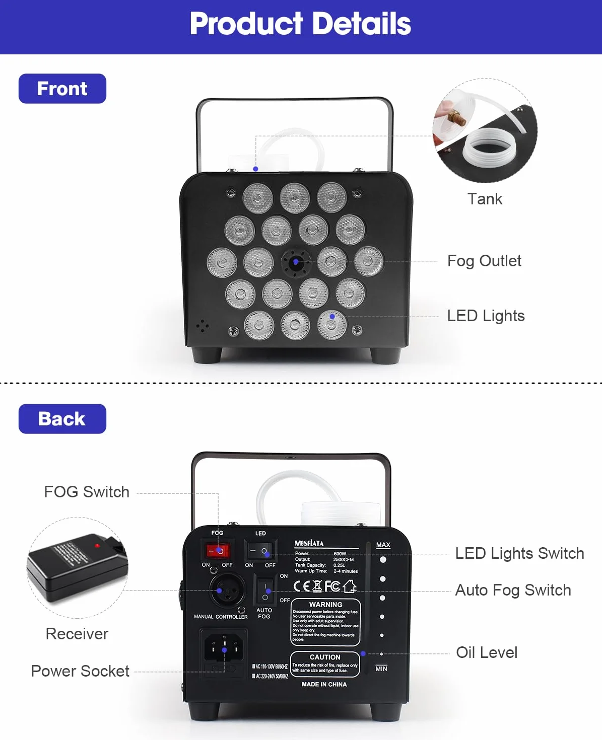 Mini maszyna do dymu 600 W z 18 diodami LED RGB na imprezy, wesela, Halloween, dyskotekę, efekt sceniczny DJ