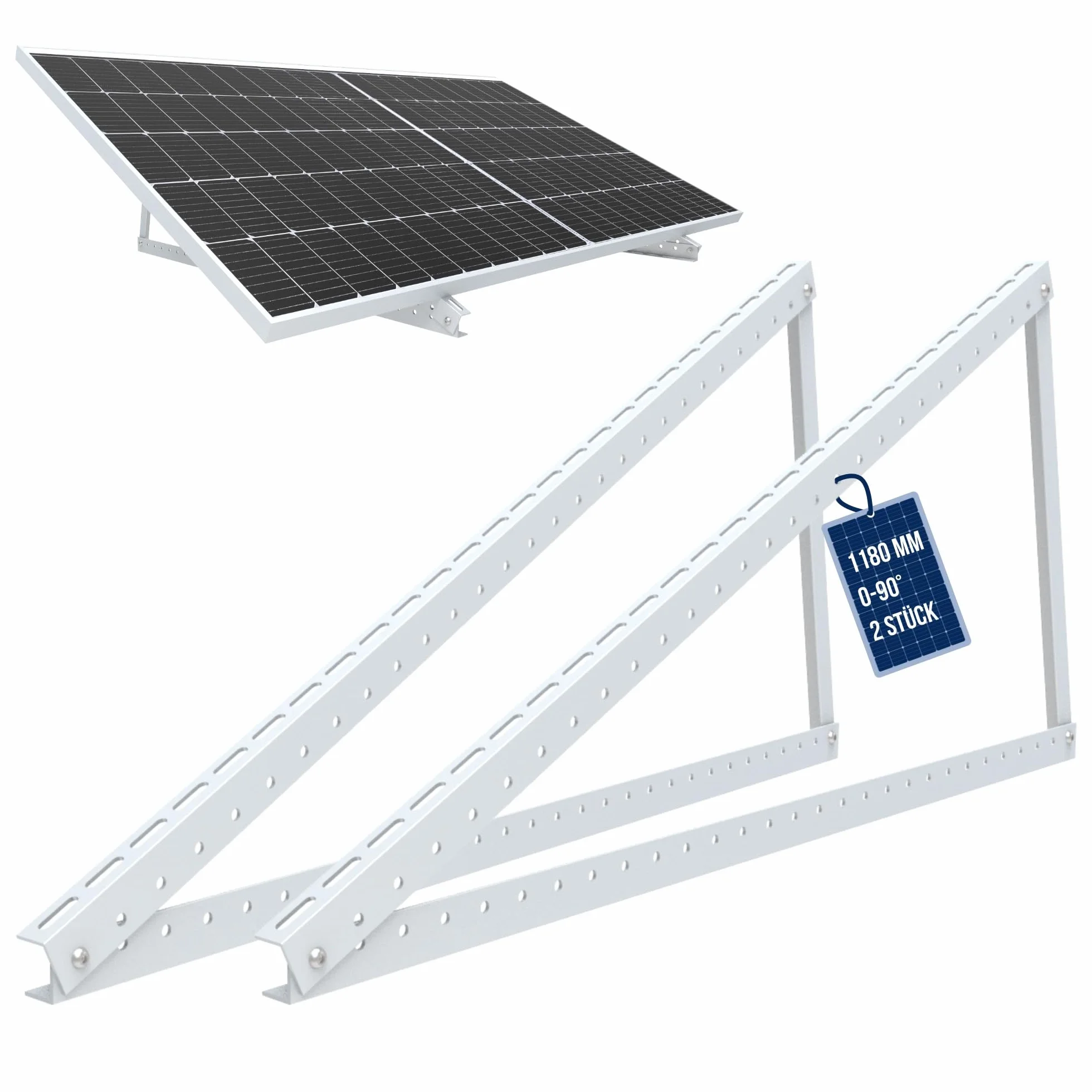 Uchwyt do panelu słonecznego, wspornik do 118 cm, płaski dach PV, moduł solarny | regulowany 0-90° | zestaw | aluminium | materiał montażowy, srebrny