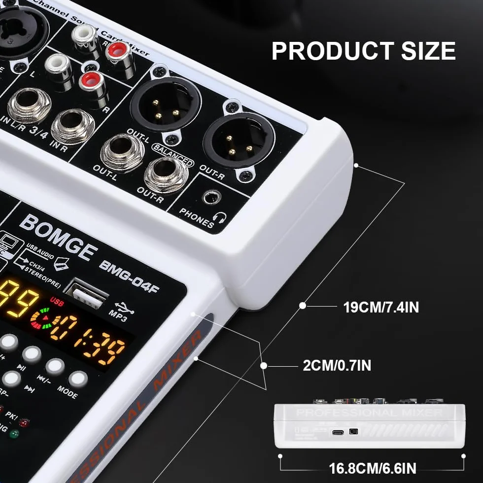 BOMGE 4-kanałowy mikser dźwięku DJ z Bluetooth MP3/USB 48V 24 DSP efekty Echo biały