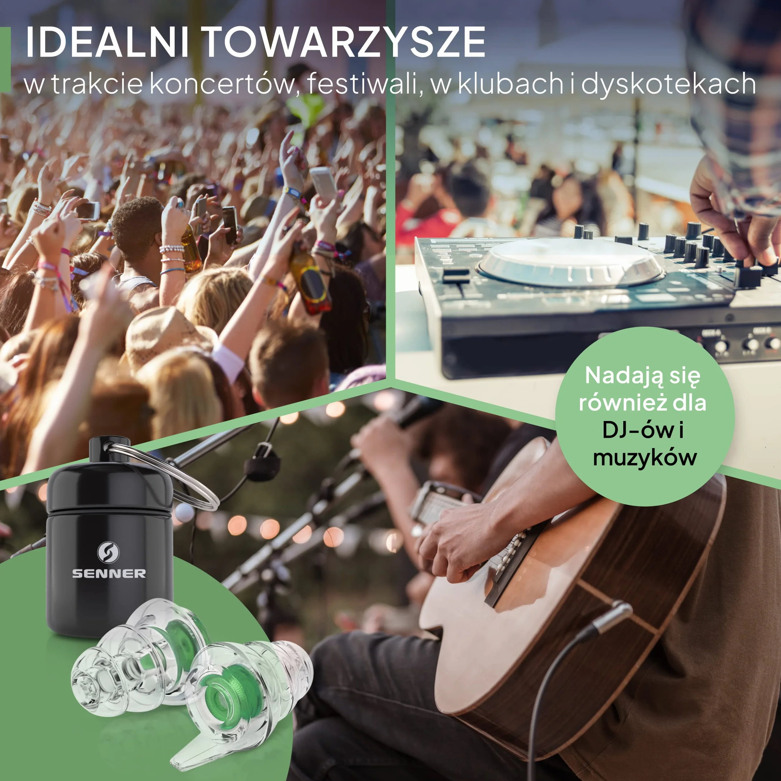 Senner MusicPro - ochronniki słuchu na festiwale, koncerty i dyskoteki, aluminiowy pojemnik, zielony/przezroczysty - zatyczki do uszu/ochrony słuchu dorośli