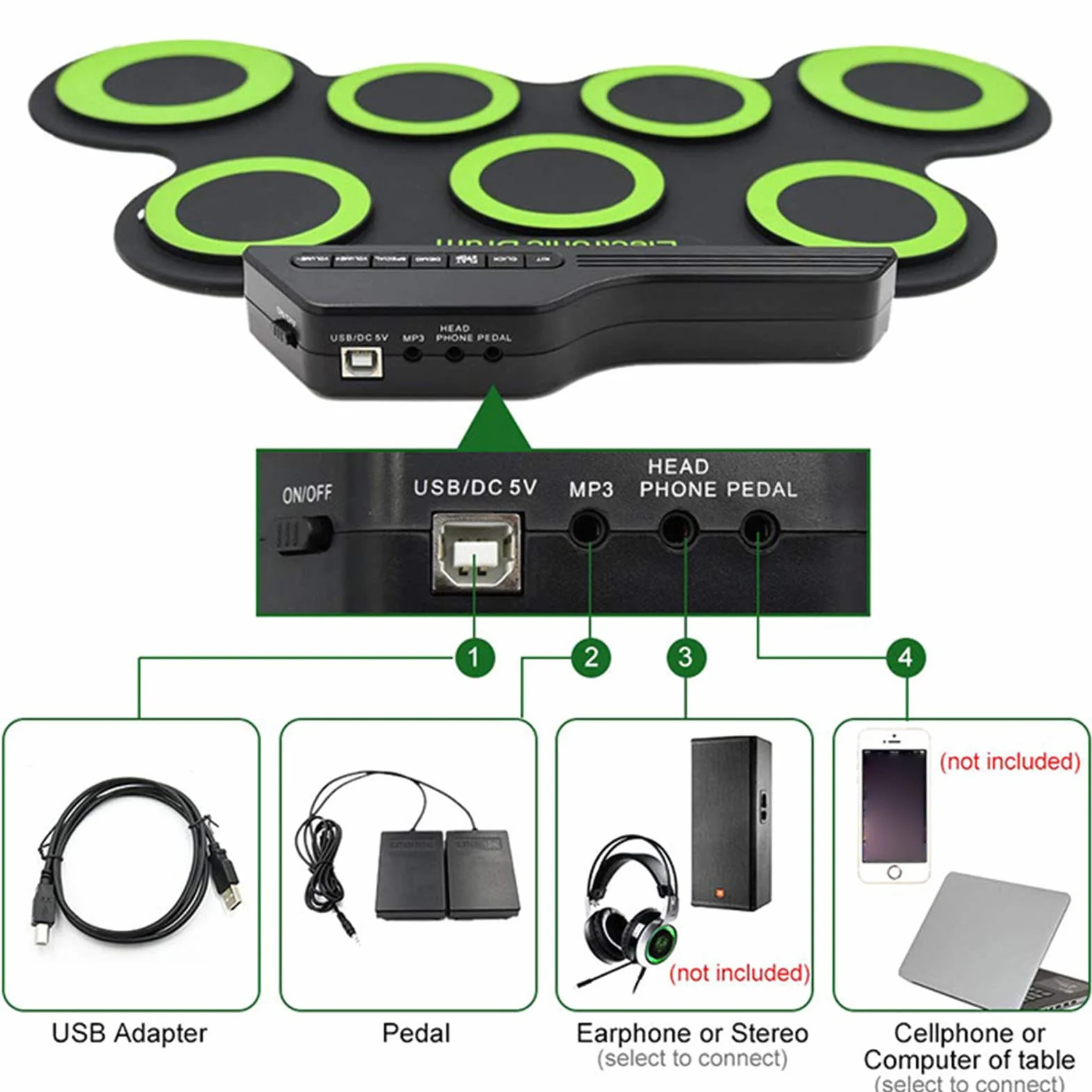 USB Roll Up Drum Pad do ćwiczeń 7 Podkładek Silikonowa Perkusja Elektroniczna 5 Strojów 8 Utworów Demonstracyjnych 3 Rytmy