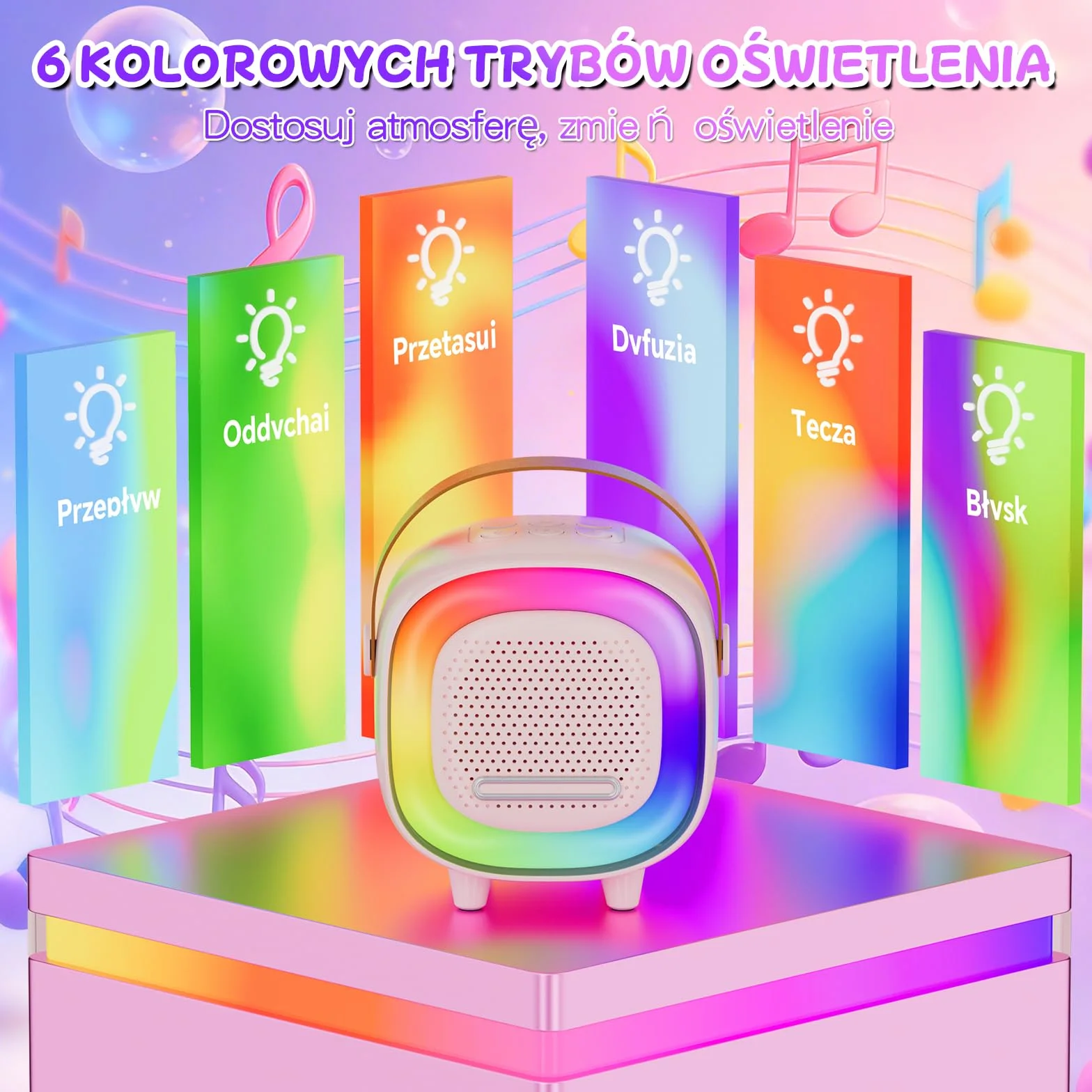 Mini Karaoke dla Dzieci i Dorosłych, 7 Trybów Efektów Dźwiękowych 6 Trybów Podświetlenia, Przenośny Głośnik Bluetooth z 2 Mikrofonami Bezprzewodowymi, Prezenty Świąteczne i Urodzinowe