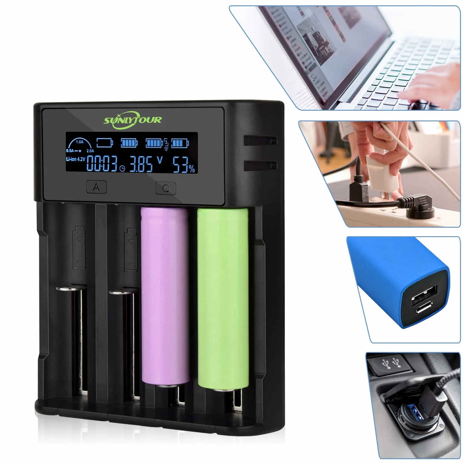 Premium 4 Gniazda 21750 21700 Ładowarka do baterii,SUNLYTOUR 4 Gniazda 18650 Ładowarka do baterii 21700 Ładowarka do 20700 22700 22650 26650 26700 16340 (RCR123) Ni-MH AA Ładowarka z płytą ochronną PCB