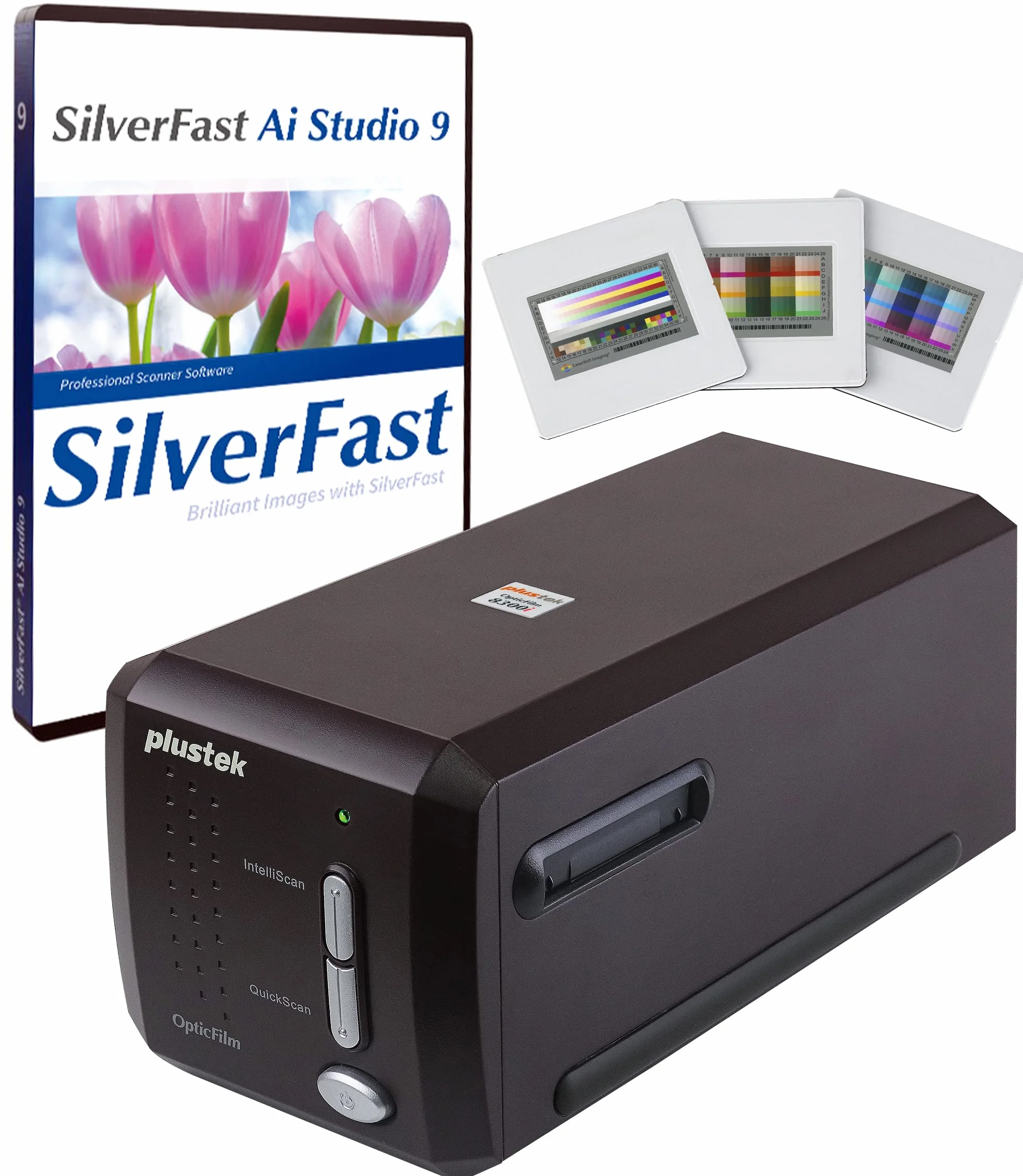 Plustek OpticFilm 8300i Skaner folii Ai konwertuje 35 mm, wsuwa się w cyfrowy, pakiet SilverFast Ai Studio 9 + QuickScan Plus, zawiera cel kalibracji IT8 (3 slajdy)