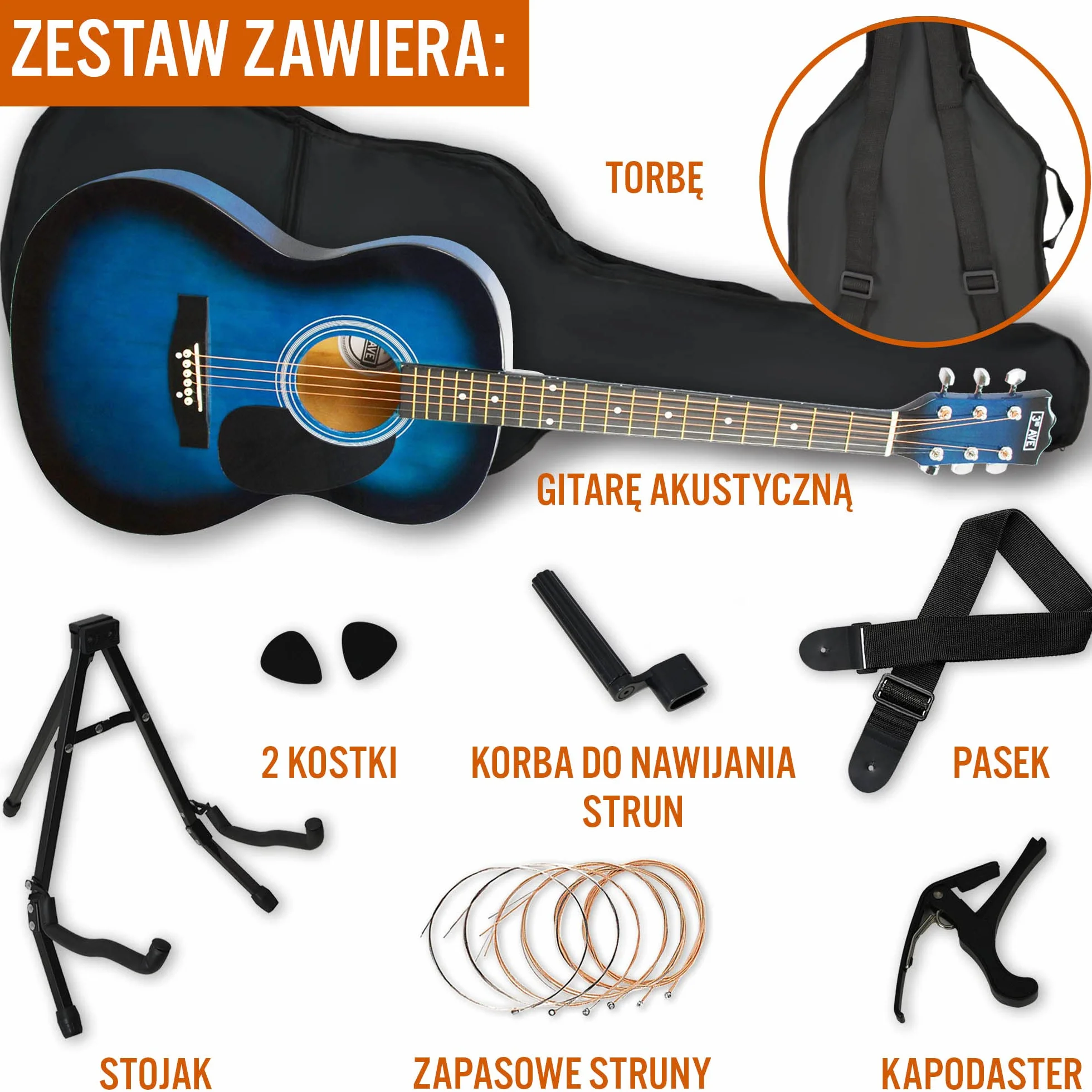 3rd Avenue Zestaw pełnowymiarowej gitary akustycznej niebieski z futerałem