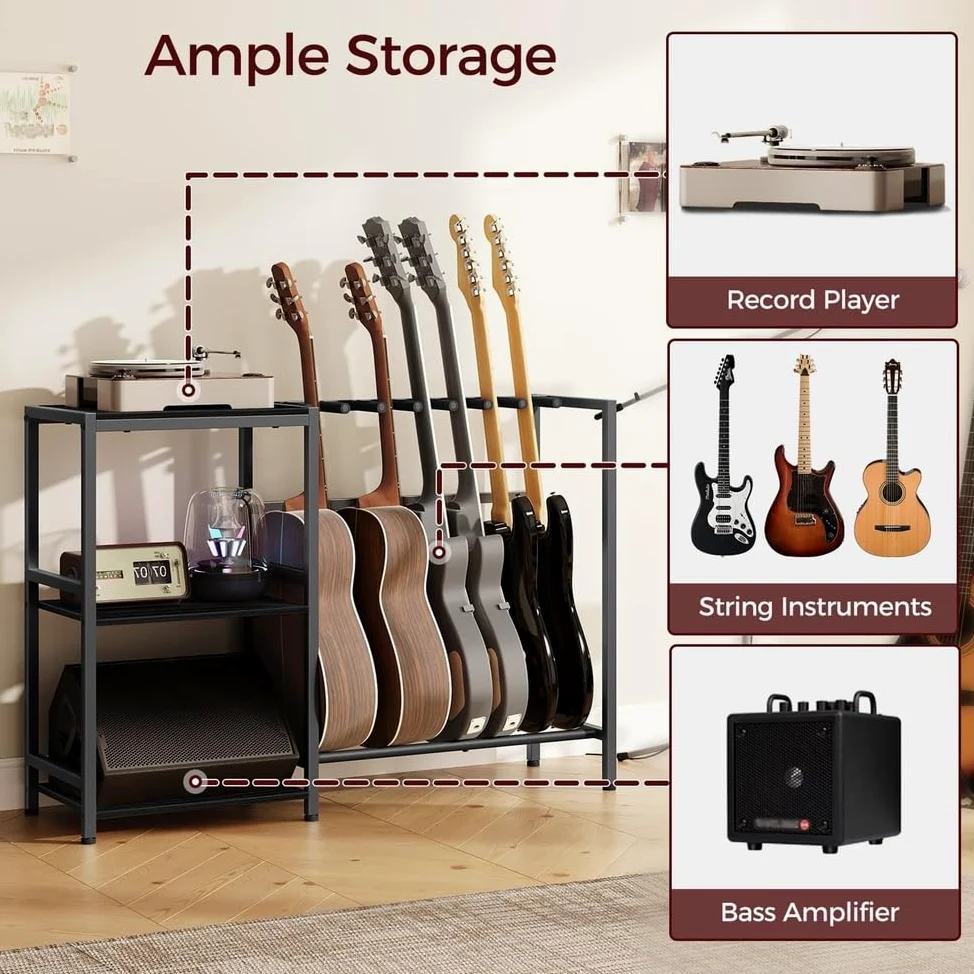 Stojak multimedialny AV z miejscem na gitarę, ciężki mebel audio, szafka audio, wieża rackowa, 3-poziomowy stojak na gitary do domowego studia muzycznego