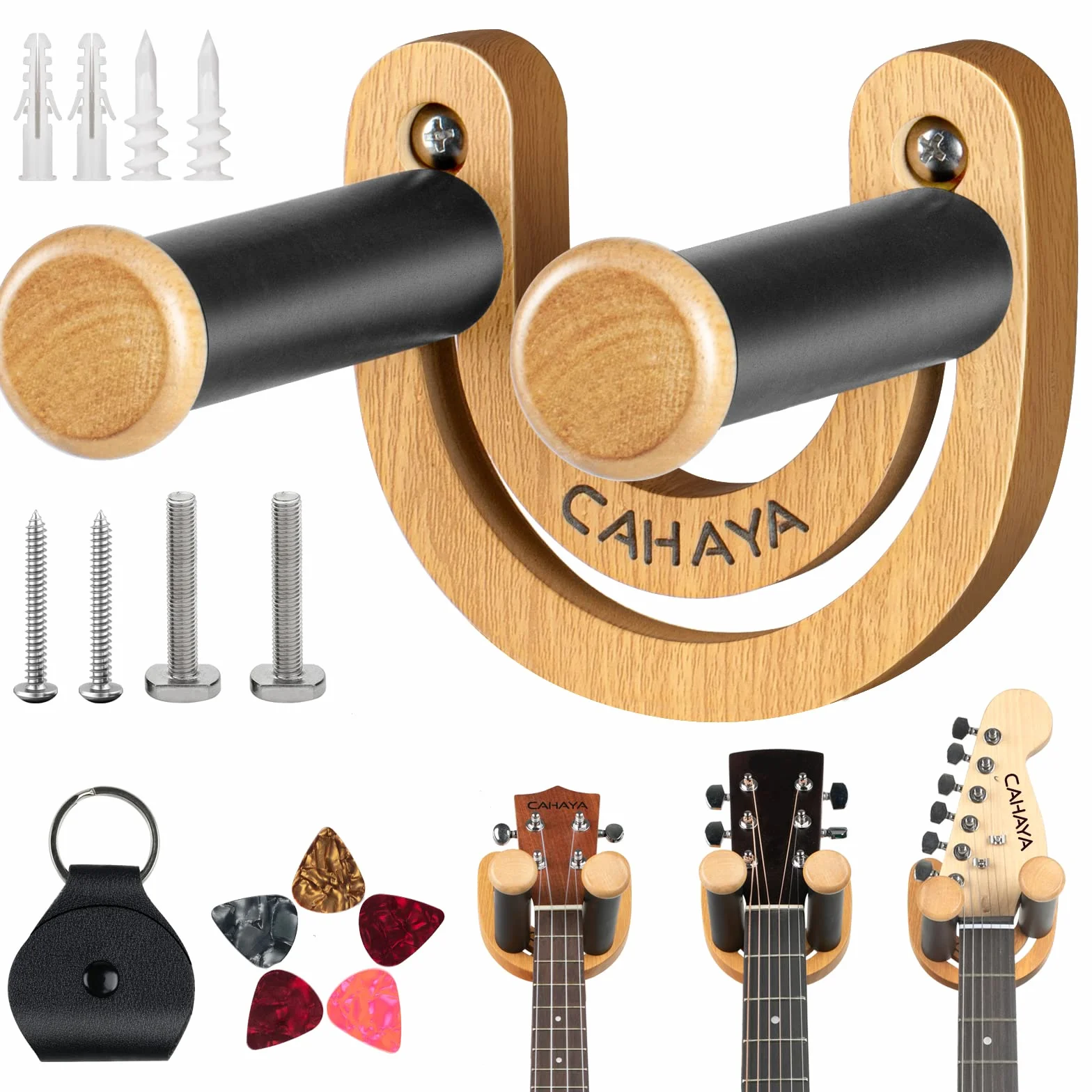 CAHAYA CY0297 uchwyt ścienny do gitary z regulowanym hakiem w kształcie litery U z 5 kostkami i 1 torbą na kostki do gitary akustycznej, e-basowej, banjo, ukulele, mandoliny