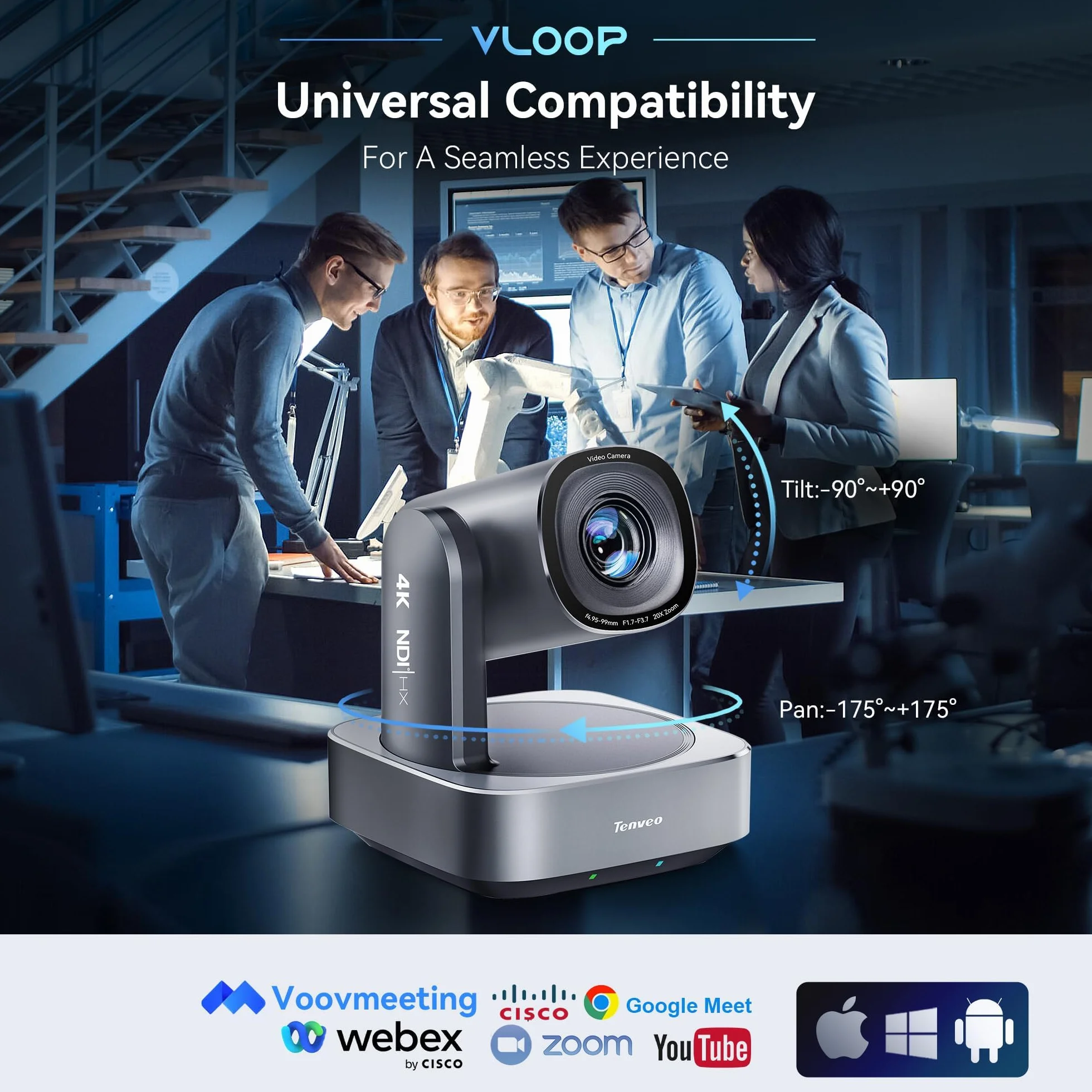 Tenveo Kamera PTZ 4K NDI, AI Humanoid & Face Auto-Tracking, 20X Optical + 8X zoom cyfrowy, USB3.0/HDMI/LAN PoE IP kamera strumieniowa na żywo do modlitw kościelnych, wydarzeń transmisji