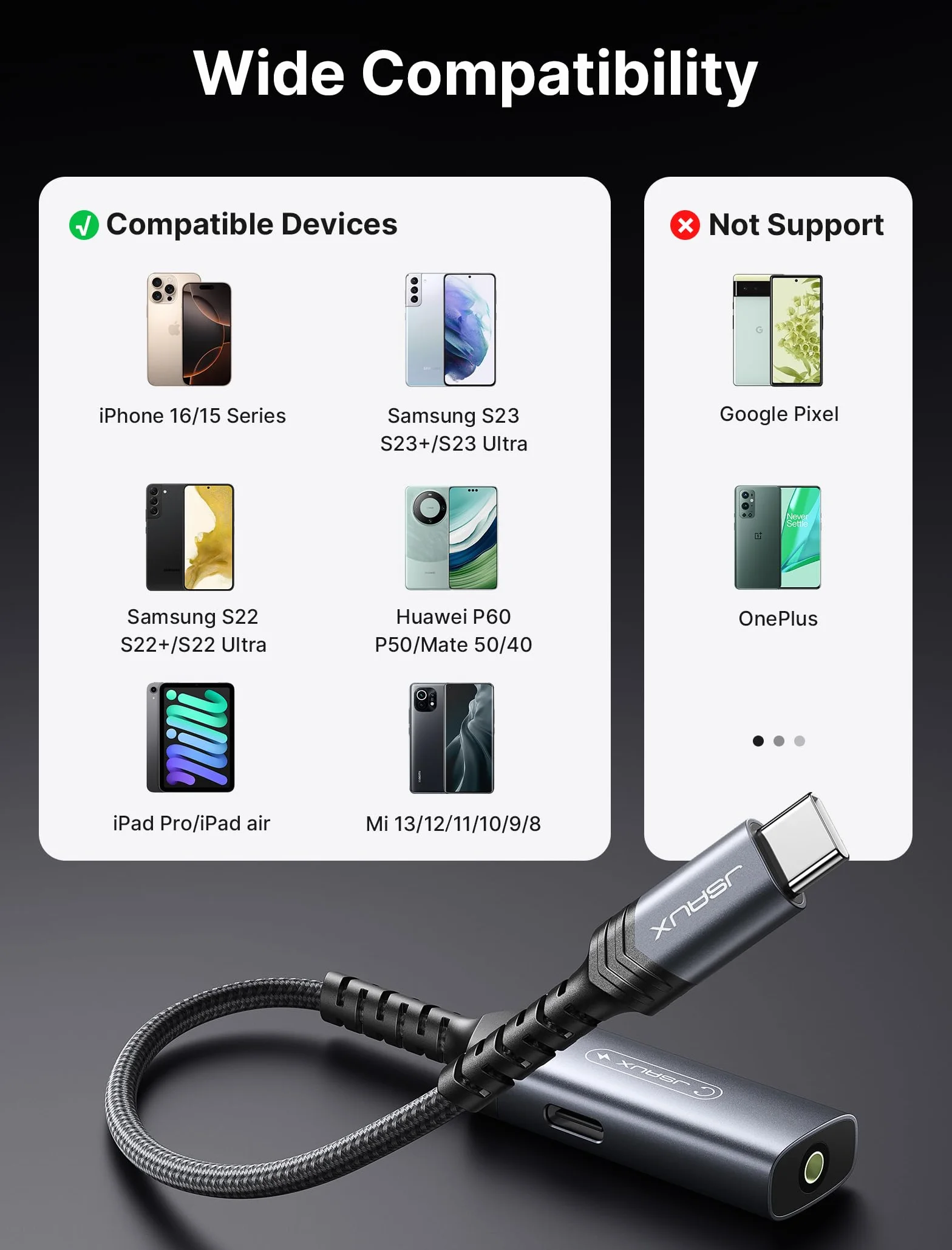 JSAUX Adapter do słuchawek USB C i ładowarka, adapter jack 2 w 1, 60 W, szybkie ładowanie, typ C, AUX 3,5 mm, gniazdo audio kompatybilny z iPhone 16 Pro/16 Pro Max/16/16 Plus/15 Pro Max, Samsung