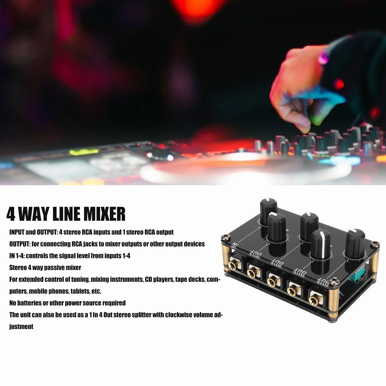 4-kanałowy Pasywny Mikser, Niskoszumowy Mini Przenośny Stereofoniczny 4-kanałowy Mikser Audio Pasywne Nagrywanie na Konsolę na żywo w Studio do Miksowania Instrumentów Odtwarzacze CD Odtwarzacze Taśm