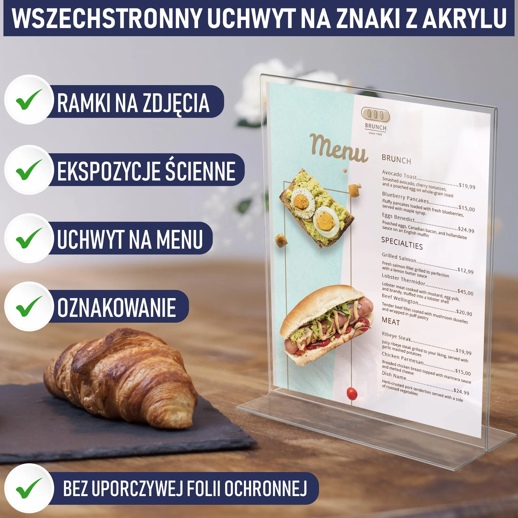 Uchwyt na Plakaty A4 z Akrylu – Stojak Stołowy w Kształcie Litery T, Dwustronny, Ładowany od Dołu, w Orientacji Pionowej. Idealny do Restauracji, Promocji, Zdjęć i Sal Lekcyjnych (A4 – Zestaw 3 Szt.)