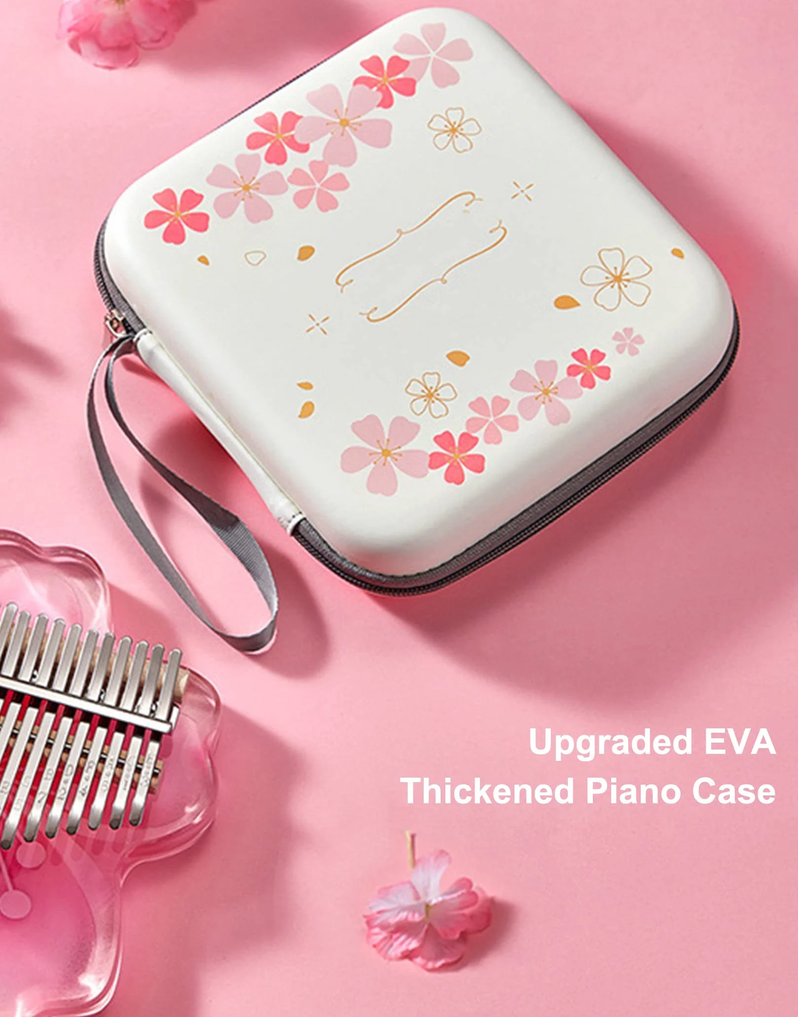 BOTOWI Zestaw 21 przezroczystych klawiszy kalimba na kciuk Sakura Shape Transparent Crystal Kalimba 17 klawiszy z etui ochronnym EVA, profesjonalne instrumenty muzyczne, różowe 17 klawiszy