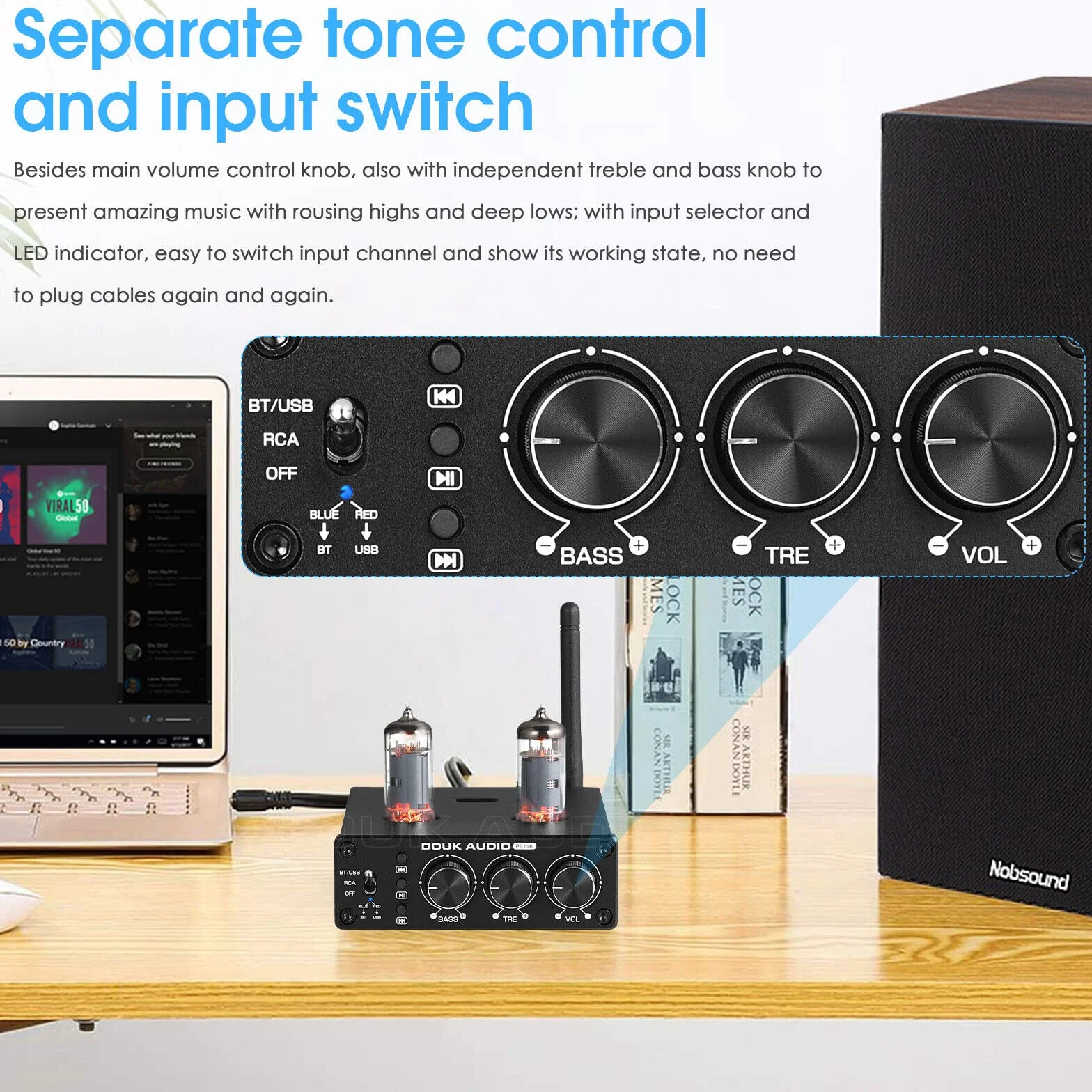 Douk Audio P6-mini HiFi Bluetooth przedwzmacniacz lampowy Mini Stereo Valve przedwzmacniacz Tube Preamp z kontrolą tonów wysokich i niskich do domowego systemu kinowego