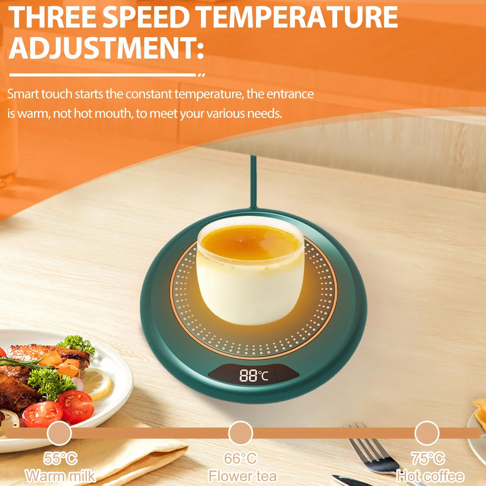 Elektryczny podgrzewacz do filiżanek, USB, z 3 poziomami temperatury, stała temperatura 55°C, podgrzewacz do kawy z automatycznym wyłączaniem napojów, do herbaty, kawy, mleka w domu i biurze, zielony
