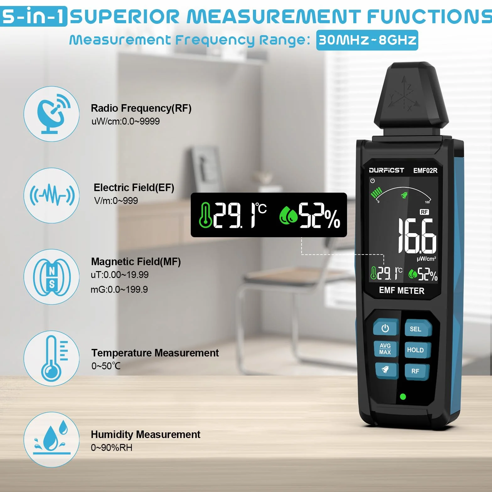 Miernik Pola Elektromagnetycznego, DURFICST 5 w 1 Akumulatorowy Detektor Promieniowania Pla Elektromagnetycznego Dla EF, RF, MF i WiFi, WieżeTtelefonii Komórkowej, Inteligentne Liczniki, Bluetooth