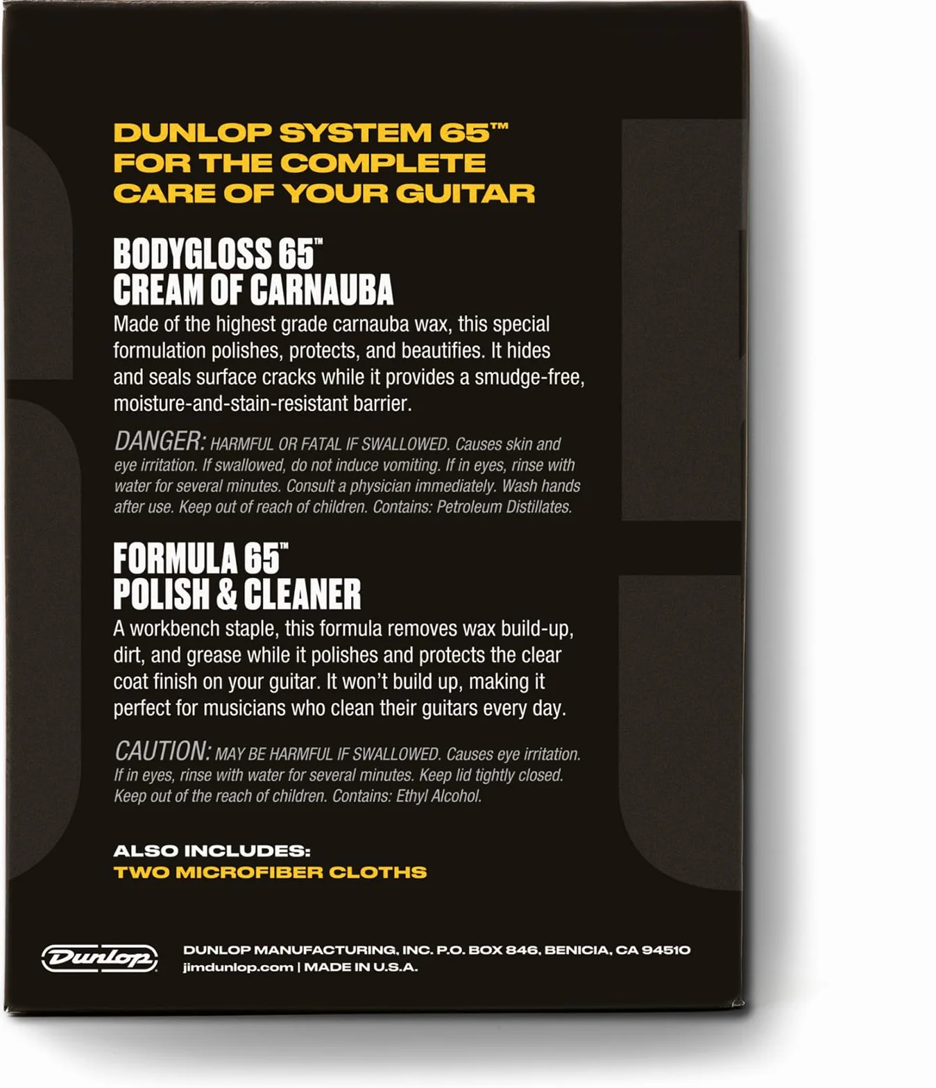 JIM DUNLOP Zestaw do polerowania gitary 6501 System 65, do czyszczenia korpusu gitary elektrycznej i akustycznej, zawiera 2 produkty Formula65 i 2 ściereczki z mikrofibry