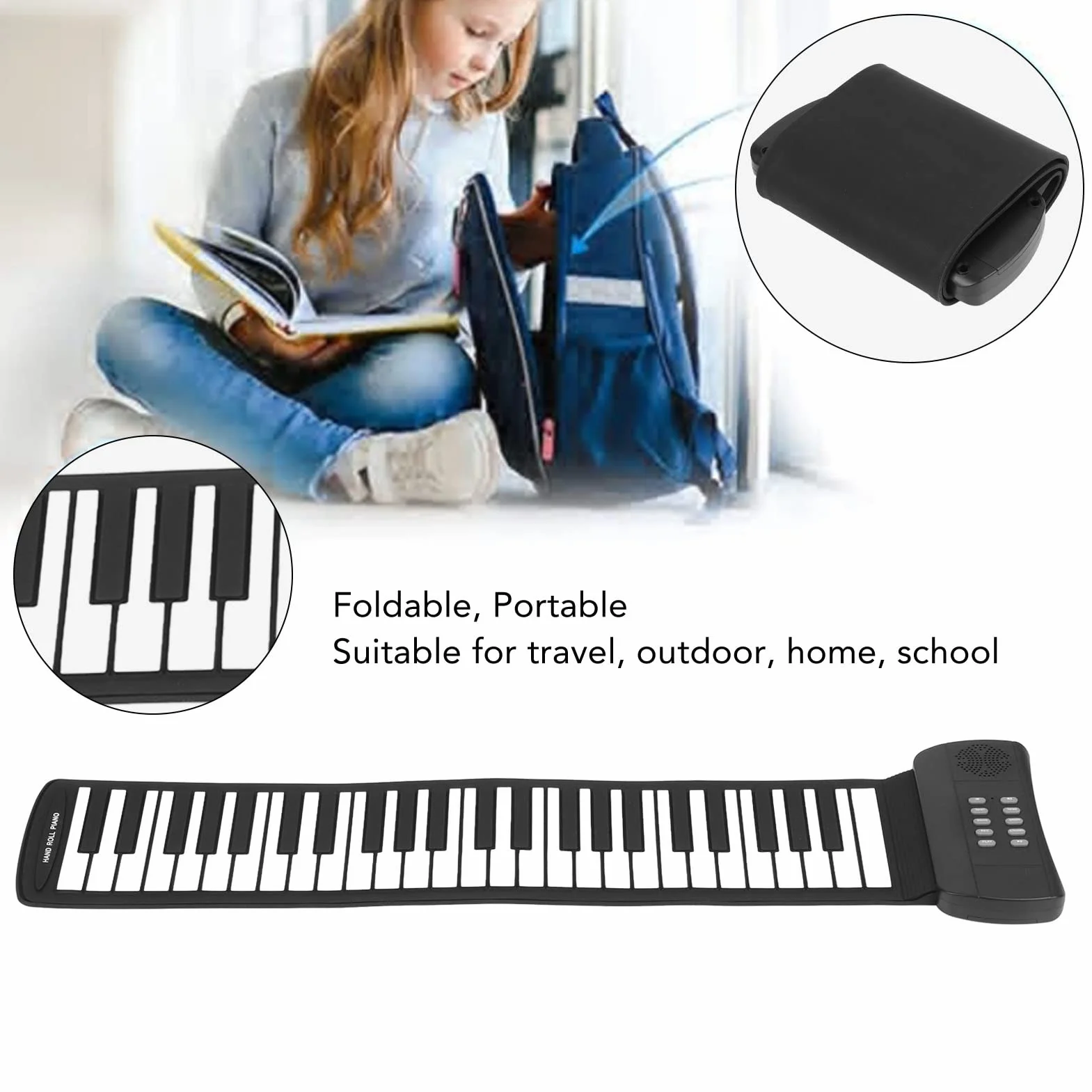 Roll Up Piano, 49 Klawiszy Przenośne Elektroniczne Pianino, Dźwięk Przestrzenny 4D USB Elektroniczne Ręczne Pianino Zwijane, dla Początkujących Dorosłych Prezenty(PM49)