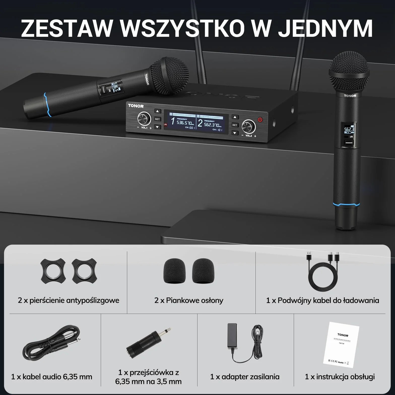 TONOR Profesjonalny system mikrofonów bezprzewodowych UHF 100x2, 100 m, TW750