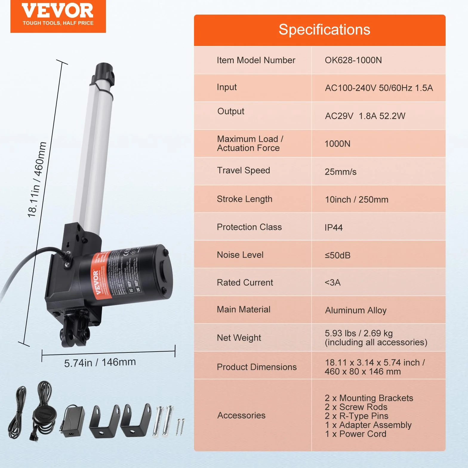 VEVOR Zestaw napędu liniowego, napęd liniowy 250 mm, 25 mm/s, 24 V, 220 lbs/1000 N, napęd liniowy do podnoszenia telewizora/stołu/sofy, stopień ochrony IP44 – zasilacz sieciowy, w zestawie