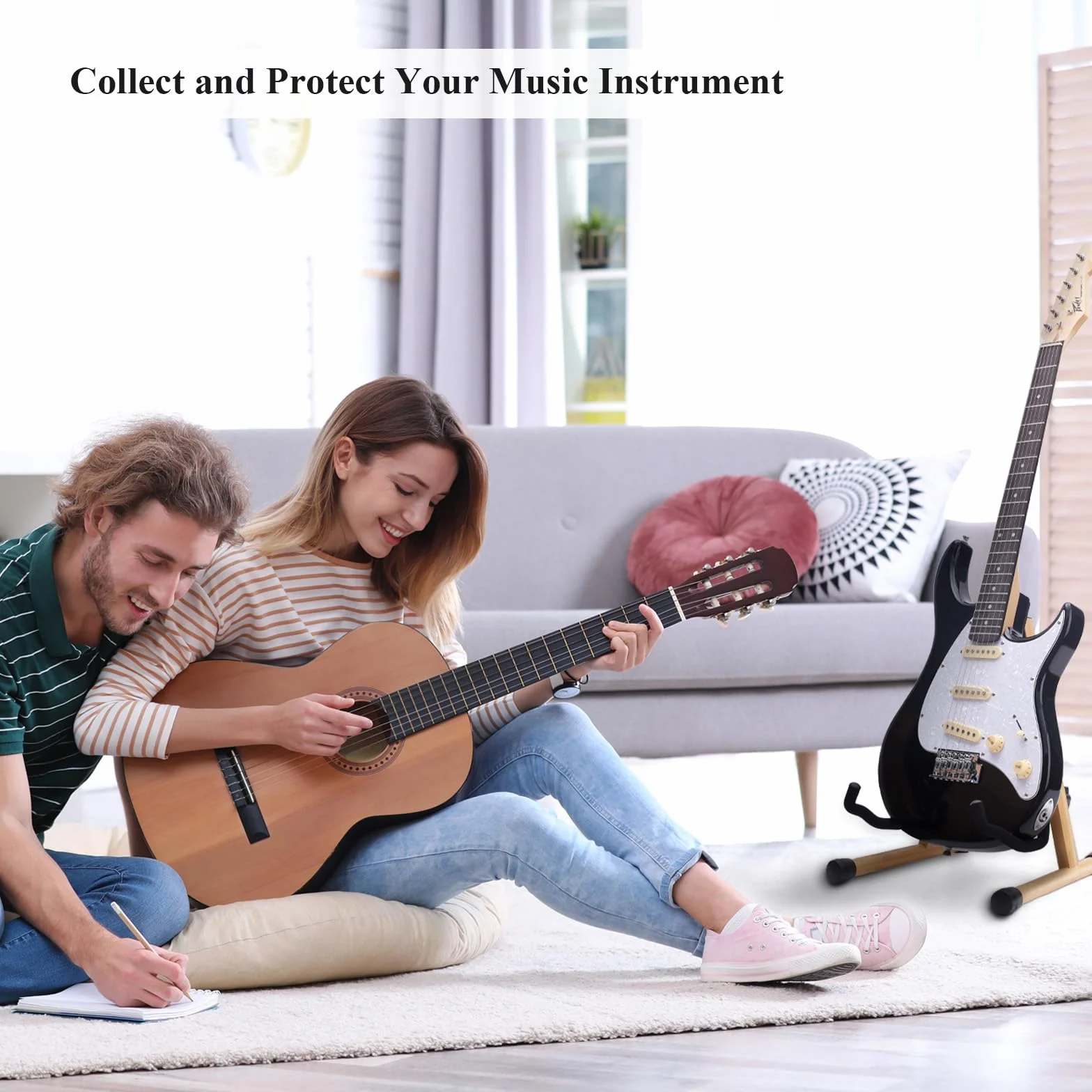 MUSO Stojak na gitarę z naturalnego drewna, składany w kształcie litery A, łatwy montaż i przenośny, do gitary, basu, ukulele, banjo, wiolonczeli, mandoliny, trwały i solidny uchwyt (zebra)