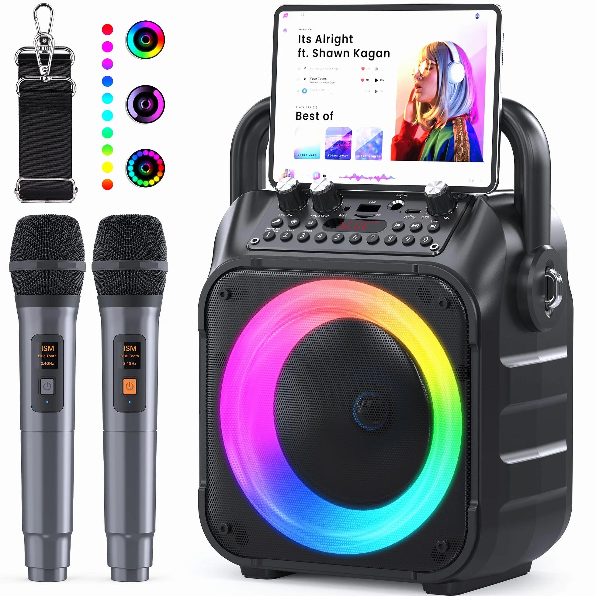 Ankuka Przenośny Głośnik Bluetooth Karaoke z 2 Mikrofonami, System PA, TWS/FM/AUX/USB/TF/REC, Czarny
