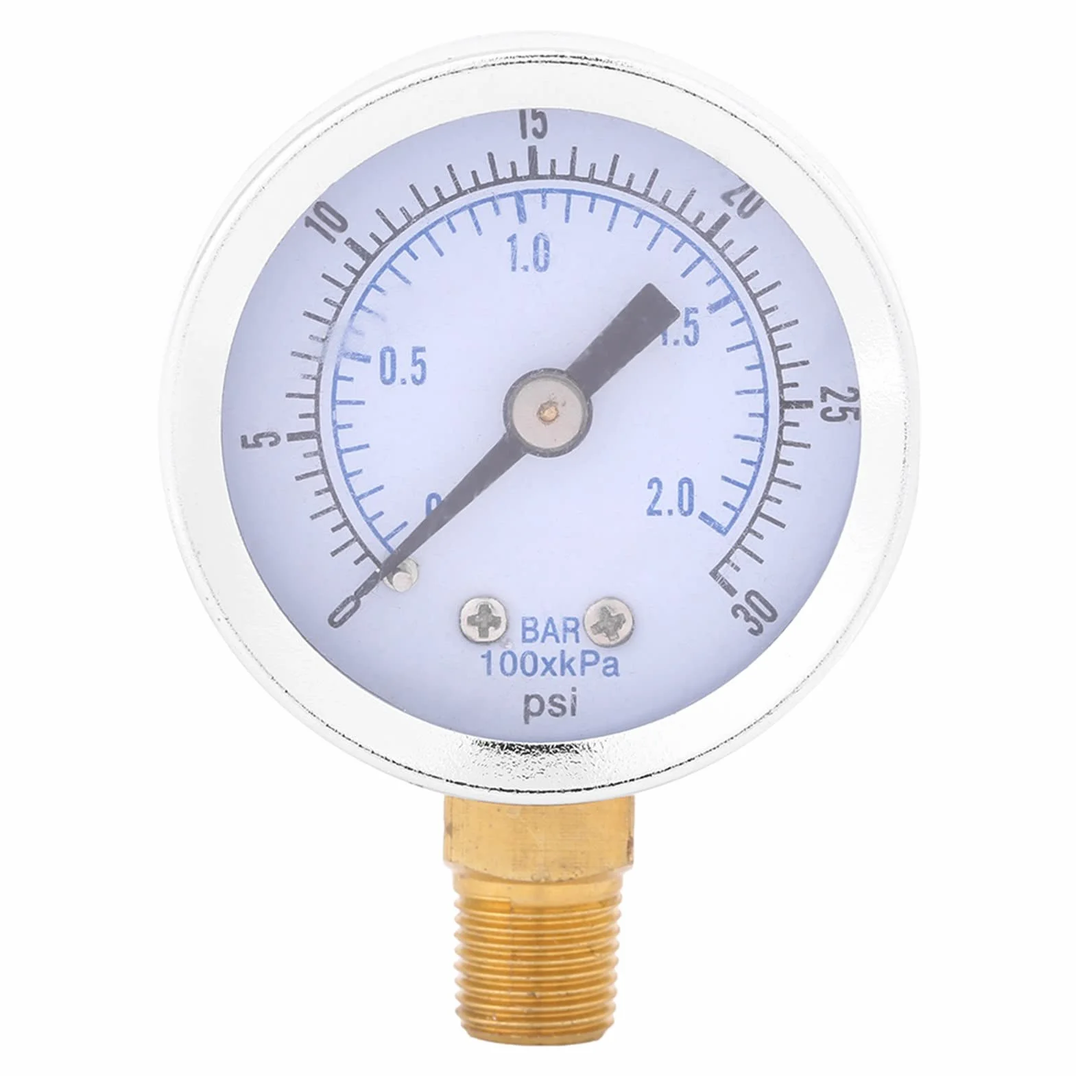 Manometr Tarczowy z Tylnym Przyłączem 1/4 BSP do Powietrza, Wody, Oleju i Gazu Obudowa ze Stali Mechaniczny Manometr 0-2 Bar / 0-30 Psi