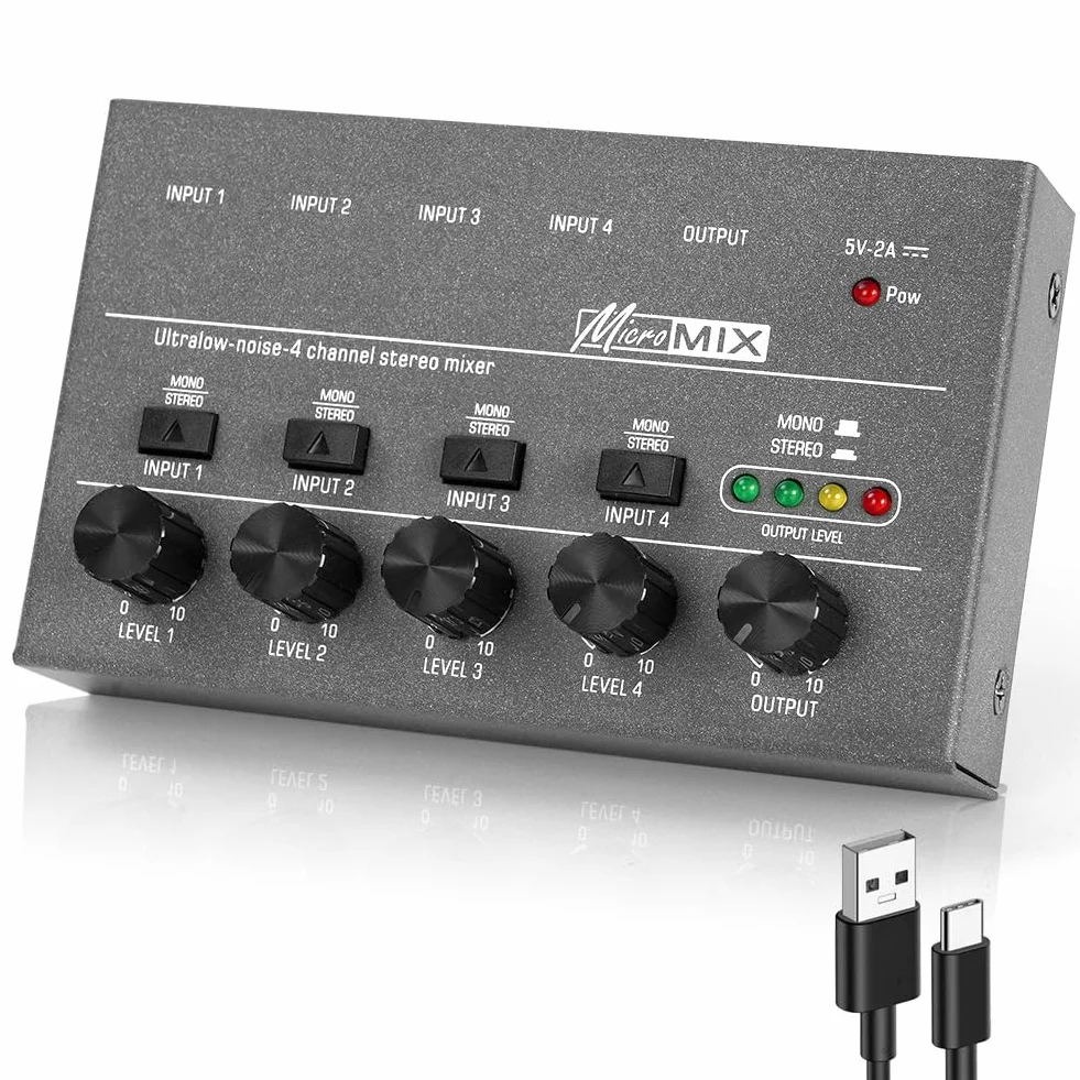 OFFCUP 4-kanałowy mikser audio, Mini 5V ultra kompaktowy mikser liniowy o niskiej emisji hałasu, metalowe miksery dźwiękowe do karaoke z oddzielną regulacją głośności dla gitary, basu, klawiatur