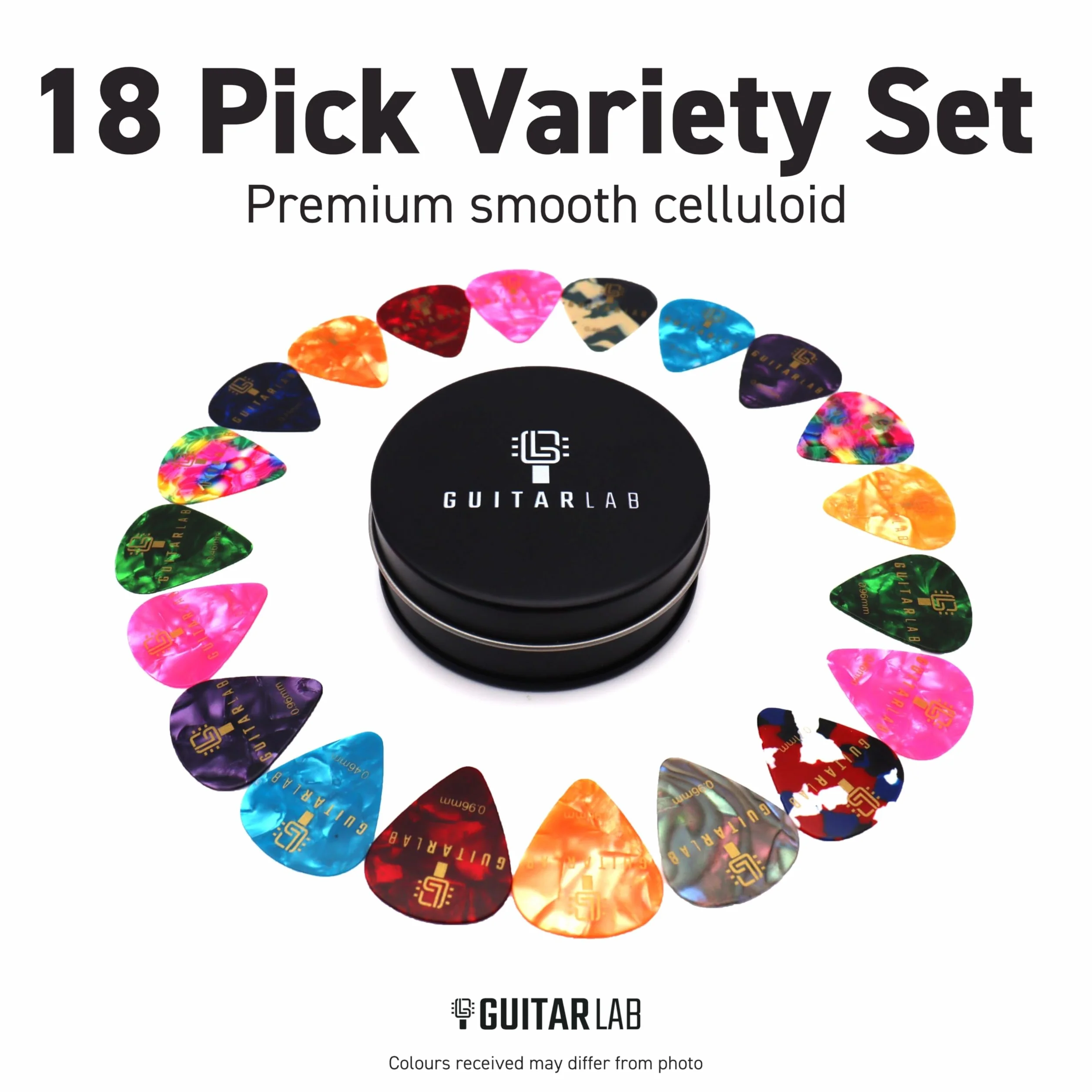 Puszka na kostki do gitary, prezent, od Guitar Lab, akcesoria do gitary, plektron celuloidowy do gitary elektrycznej, akustycznej, basowej lub ukulele, 18 szt. 0,46 mm, 0,71 mm i 0,96 mm