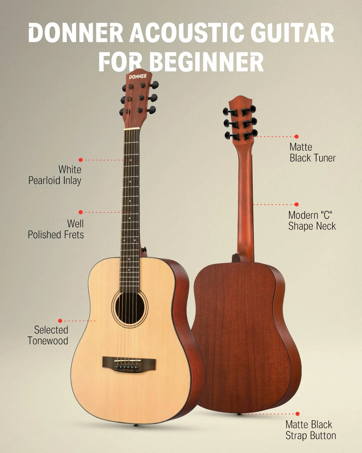Donner Gitara akustyczna 3/4 dla początkujących, dla początkujących, zestaw gitar akustycznych, dla dorosłych, 36", Dreadnought z 6 kieszeniami, pasek Capo do kostki (naturalna)