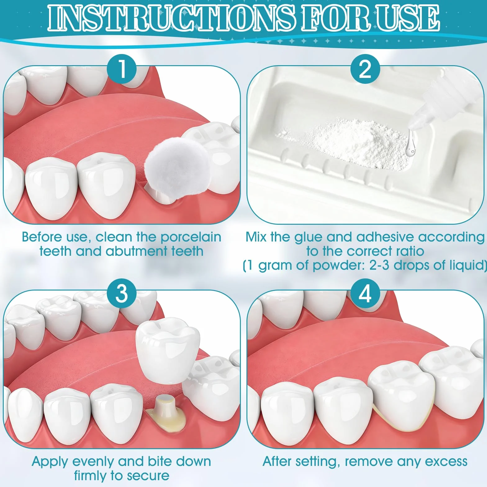 Cement dentystyczny, trwały, klej do zębów, do koron, protez zębowych, roztwór do koron, mostków, próchnicy zębów i zagubionych wypełnień