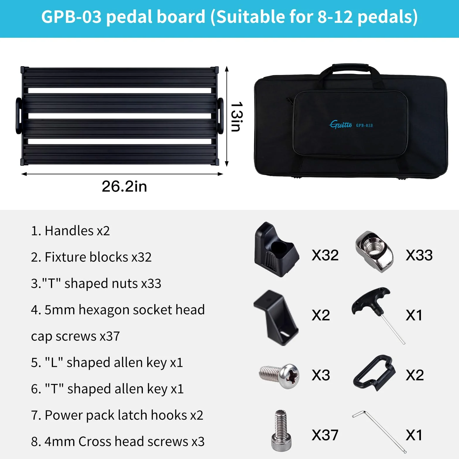 GUITTO Pedalboard gitarowy – bez paska do pedałów gitarowych ze stopu aluminium z torbą do przenoszenia bez pozostałości (GPB-03 duży)