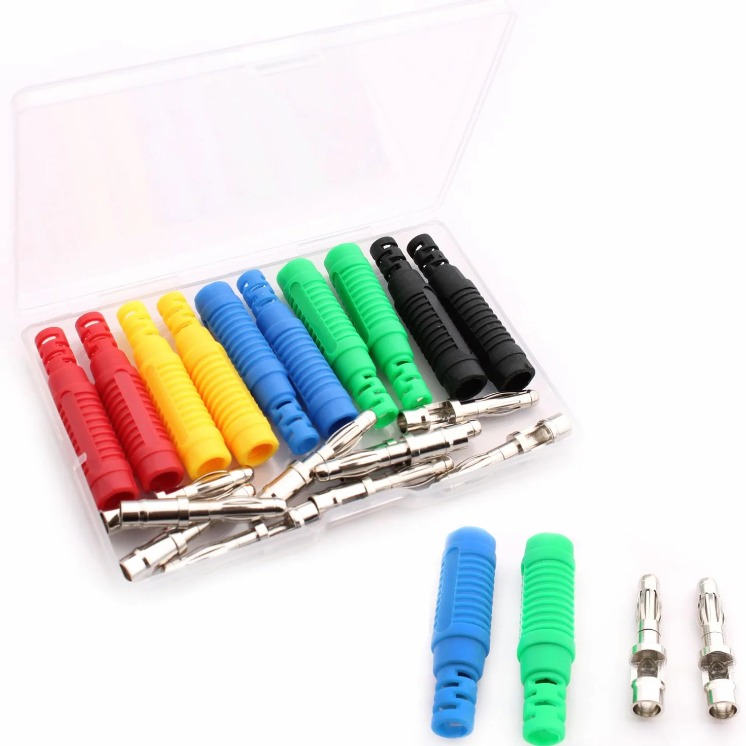 RUNCCI-YUN 10 szt. izolowanych wtyczek bananowych 4 mm, 4 mm wtyk bananowy do przewodów testowych multimetru (czarny niebieski czerwony zielony żółty)