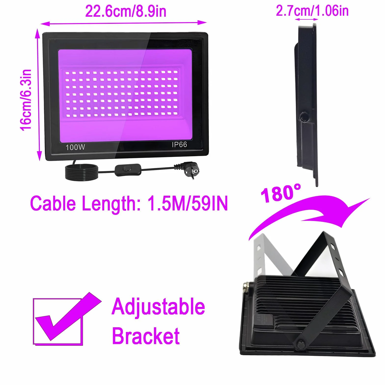 100 W, czarny reflektor LED, IP66, wodoodporny, UV, 395-400 nm, przełącznik, na imprezę, Halloween, do malowania ciała, baru, akwarium