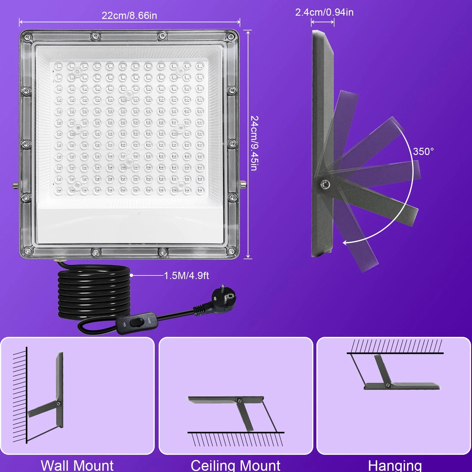 Czarny reflektor LED 150W, Indmird czarna lampa IP66 wodoodporny reflektor UV z przełącznikiem wtykowym, światło imprezowe UV 395-400nm do dekoracji imprez Halloween akwarium bar neonowe kolory